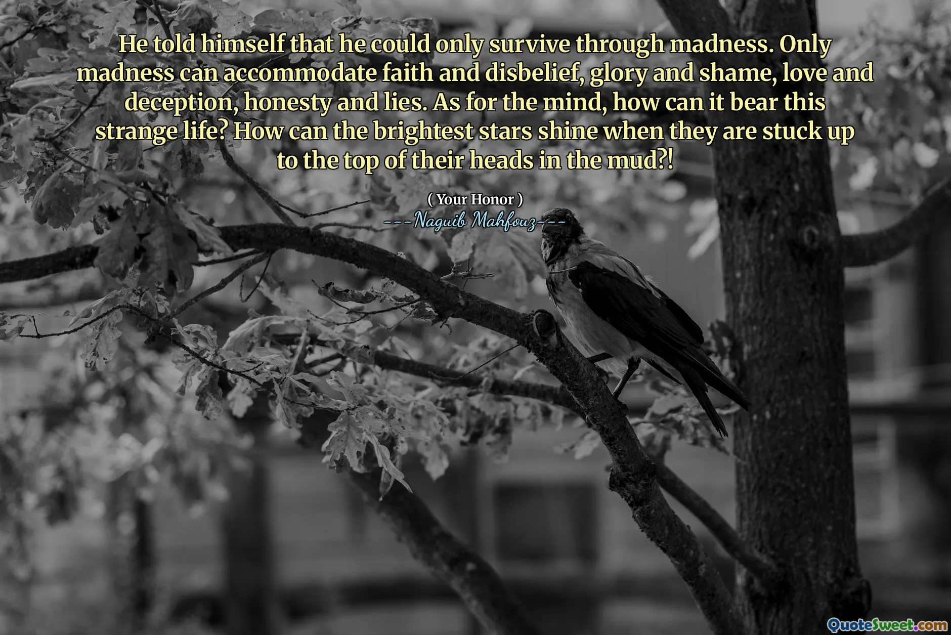 He told himself that he could only survive through madness. Only madness can accommodate faith and disbelief, glory and shame, love and deception, honesty and lies. As for the mind, how can it bear this strange life? How can the brightest stars shine when they are stuck up to the top of their heads in the mud?!