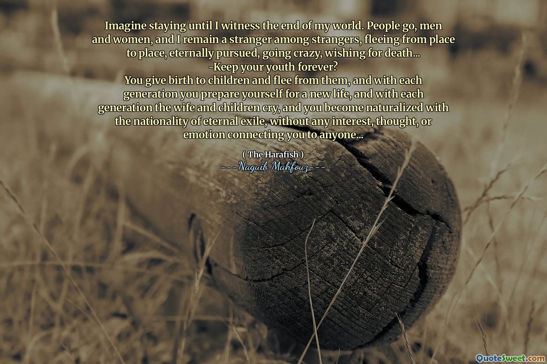 Imagine staying until I witness the end of my world. People go, men and women, and I remain a stranger among strangers, fleeing from place to place, eternally pursued, going crazy, wishing for death...
-Keep your youth forever?
You give birth to children and flee from them, and with each generation you prepare yourself for a new life, and with each generation the wife and children cry, and you become naturalized with the nationality of eternal exile, without any interest, thought, or emotion connecting you to anyone...