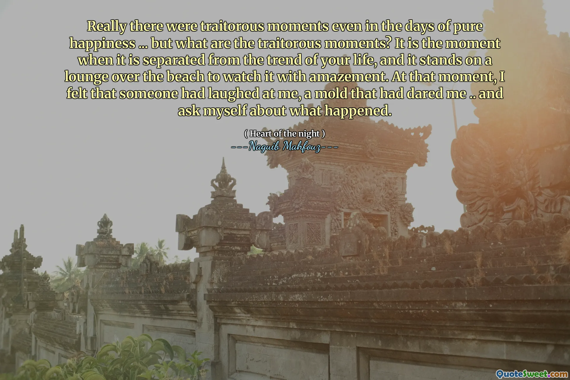 На самом деле были предательские моменты даже во времена чистого счастья ... но каковы предательские моменты? Это момент, когда он отделен от тенденции вашей жизни, и он стоит в гостиной над пляжем, чтобы посмотреть его с удивлением. В этот момент я чувствовал, что кто -то смеялся надо мной, плесень, которая смела меня ... и спросить себя о том, что случилось.