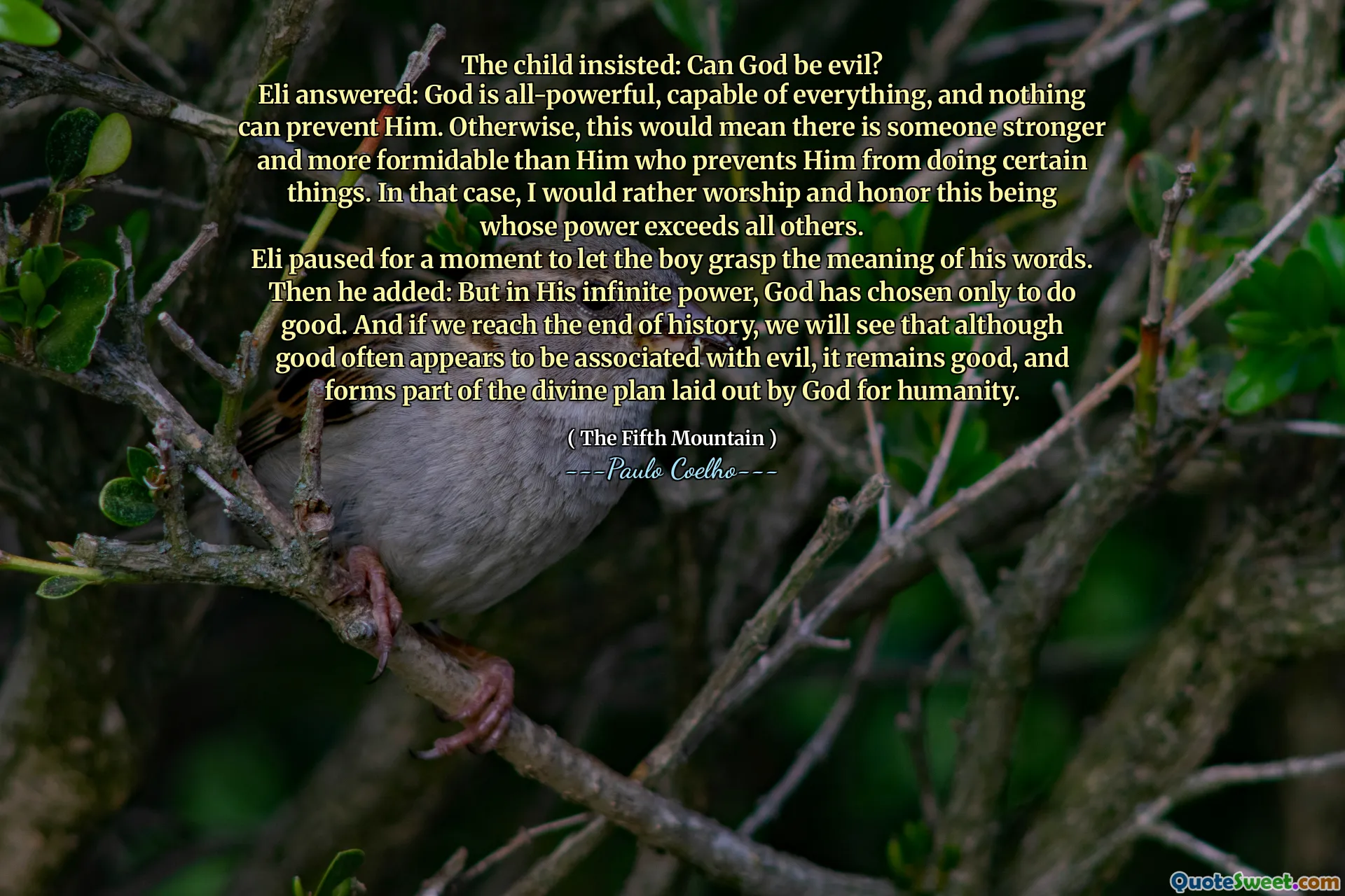 The child insisted: Can God be evil?
Eli answered: God is all-powerful, capable of everything, and nothing can prevent Him. Otherwise, this would mean there is someone stronger and more formidable than Him who prevents Him from doing certain things. In that case, I would rather worship and honor this being whose power exceeds all others.
Eli paused for a moment to let the boy grasp the meaning of his words.
Then he added: But in His infinite power, God has chosen only to do good. And if we reach the end of history, we will see that although good often appears to be associated with evil, it remains good, and forms part of the divine plan laid out by God for humanity.