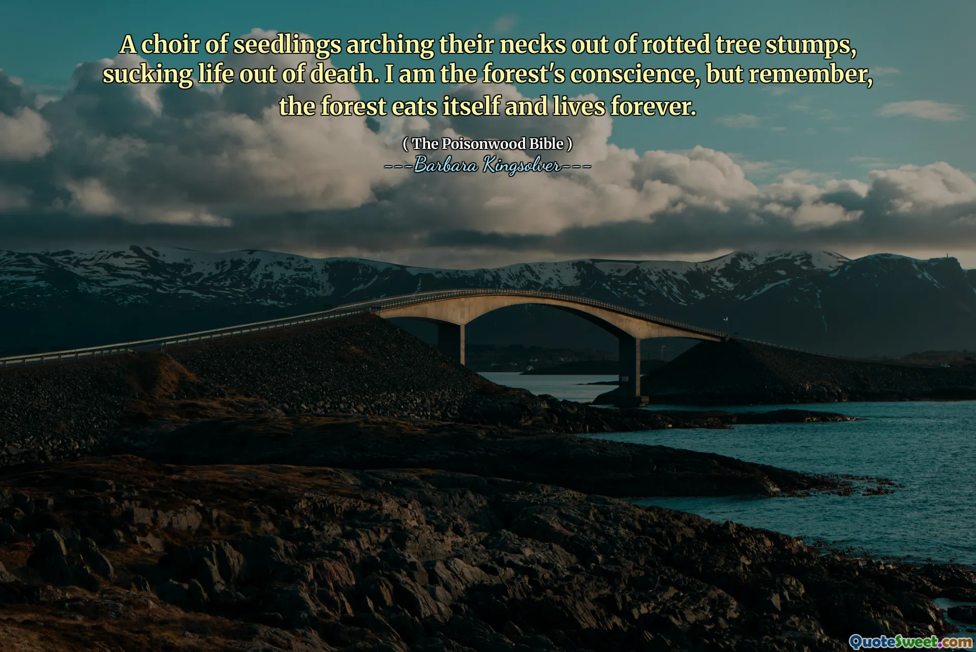 Un cor de răsaduri care -și aruncau gâtul din cioturi de copac putrede, sugând viața din moarte. Eu sunt conștiința pădurii, dar amintiți -vă, pădurea se mănâncă singură și trăiește pentru totdeauna.