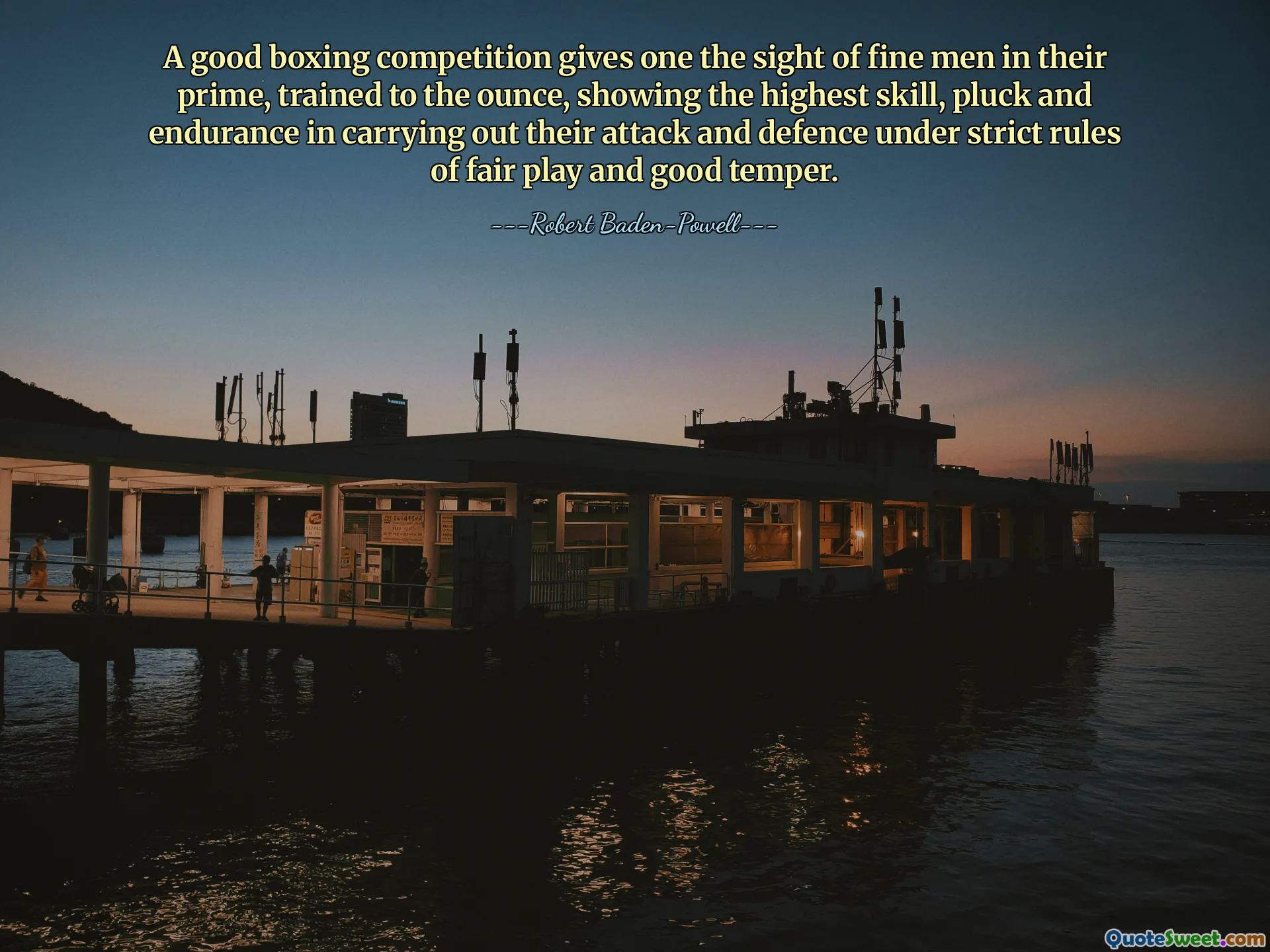 إن منافسة الملاكمة الجيدة تمنح المرء رؤية رجال جيدين في مقتبل العمر، مدربين حتى الأوقية، ويظهرون أعلى مستويات المهارة والقوة والتحمل في تنفيذ الهجوم والدفاع في ظل قواعد صارمة للعب النظيف والمزاج الجيد.