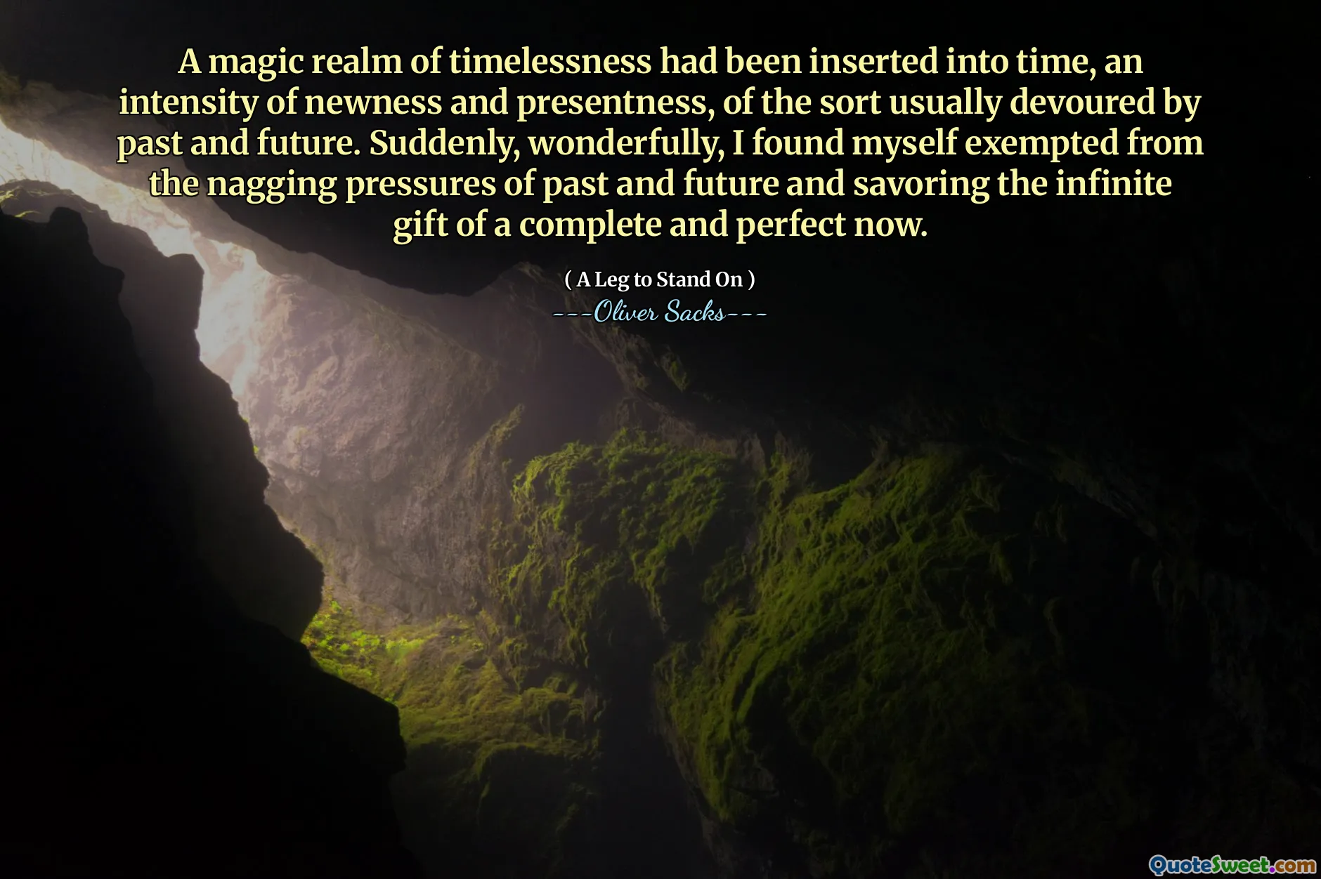 A magic realm of timelessness had been inserted into time, an intensity of newness and presentness, of the sort usually devoured by past and future. Suddenly, wonderfully, I found myself exempted from the nagging pressures of past and future and savoring the infinite gift of a complete and perfect now.