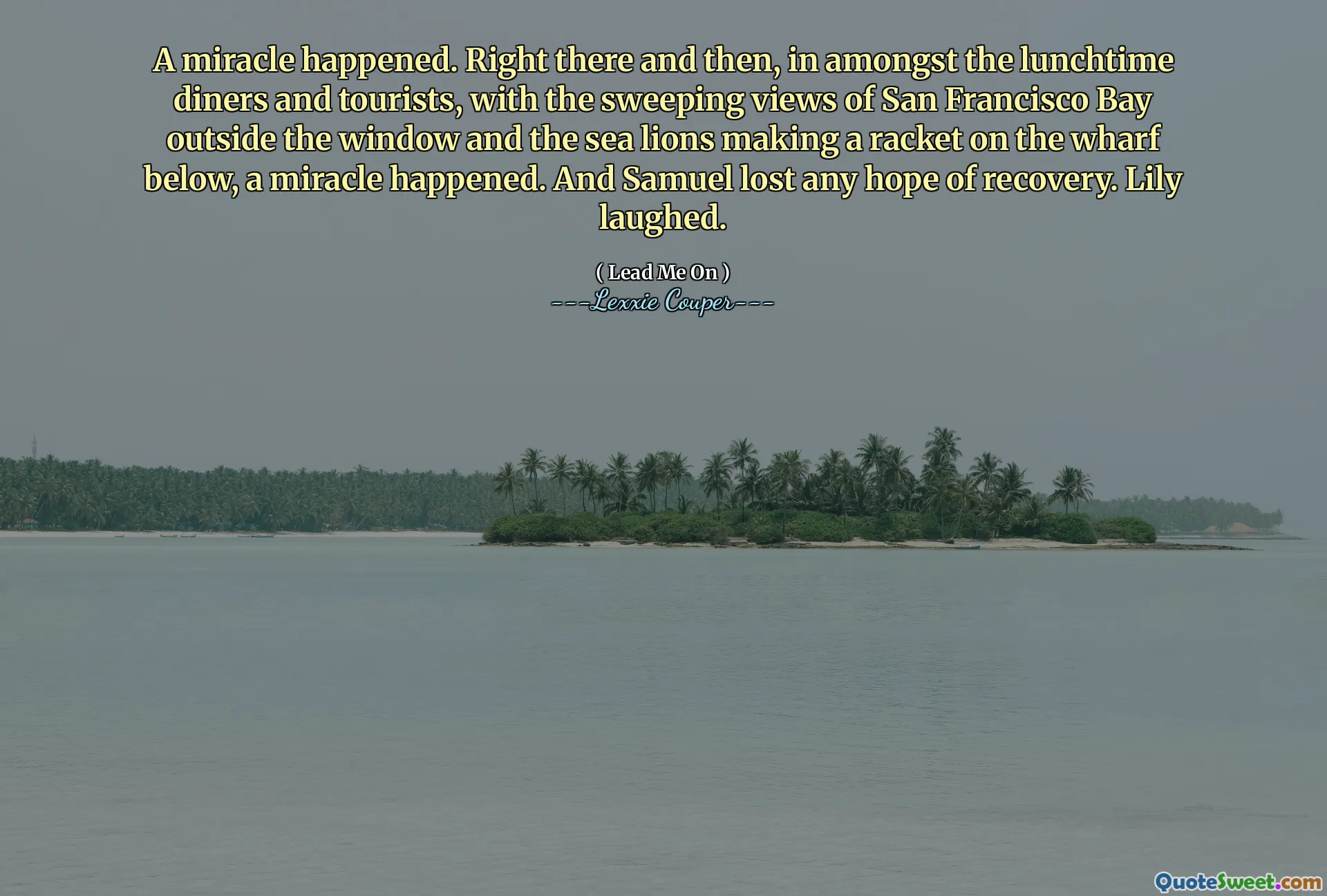 A miracle happened. Right there and then, in amongst the lunchtime diners and tourists, with the sweeping views of San Francisco Bay outside the window and the sea lions making a racket on the wharf below, a miracle happened. And Samuel lost any hope of recovery. Lily laughed.