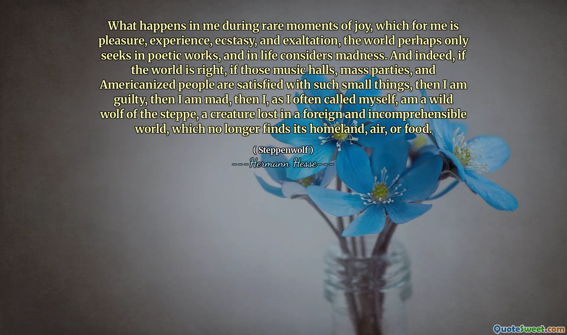 What happens in me during rare moments of joy, which for me is pleasure, experience, ecstasy, and exaltation, the world perhaps only seeks in poetic works, and in life considers madness. And indeed, if the world is right, if those music halls, mass parties, and Americanized people are satisfied with such small things, then I am guilty, then I am mad, then I, as I often called myself, am a wild wolf of the steppe, a creature lost in a foreign and incomprehensible world, which no longer finds its homeland, air, or food.