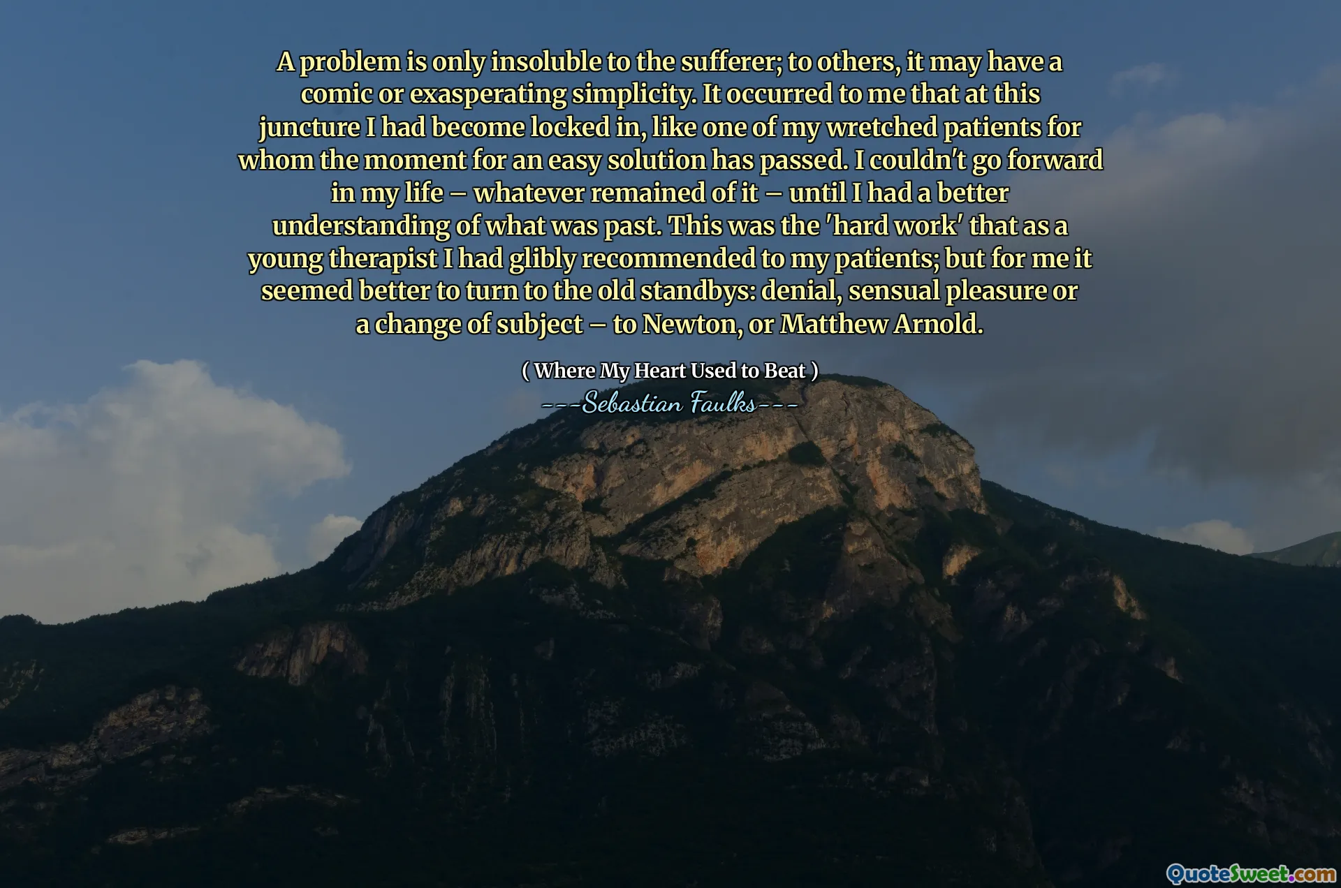 一个问题只对患者不溶。对其他人来说，它可能具有漫画或愤怒的简单性。在我看来，在这个关头，我已经被锁定了，就像我那可怜的患者中的一位，可以轻松解决方案的那一刻。在我的生活中，我无法继续前进 - 直到我对过去的事物有了更好的了解。这是我对病人建议的年轻治疗师的“辛勤工作”。但是对我来说，最好转向旧的备用：否认，感性的愉悦或对主题的改变 - 牛顿或马修·阿诺德（Matthew Arnold）。