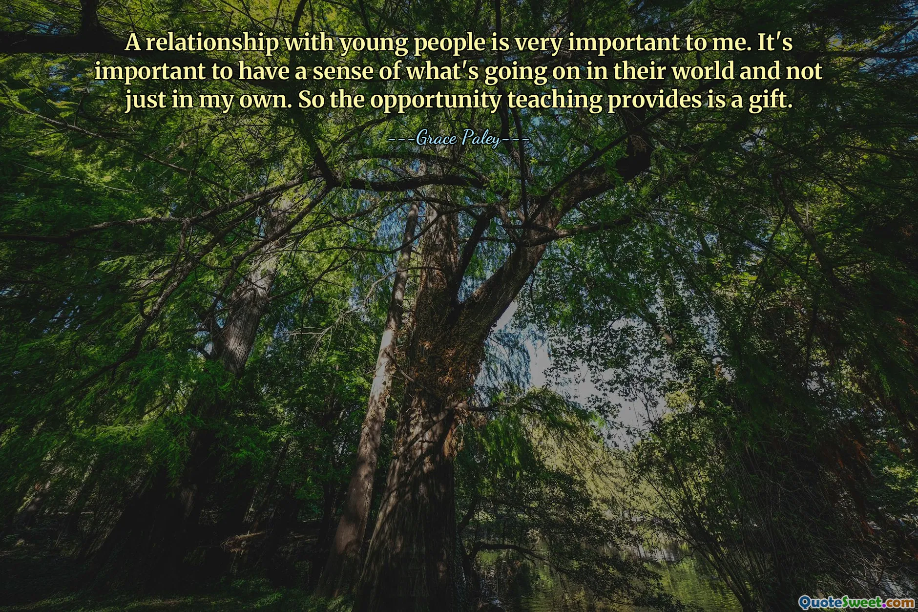 Et forhold til ungdom er veldig viktig for meg. Det er viktig å ha en følelse av hva som skjer i deres verden og ikke bare i min egen. Så muligheten undervisning gir er en gave.