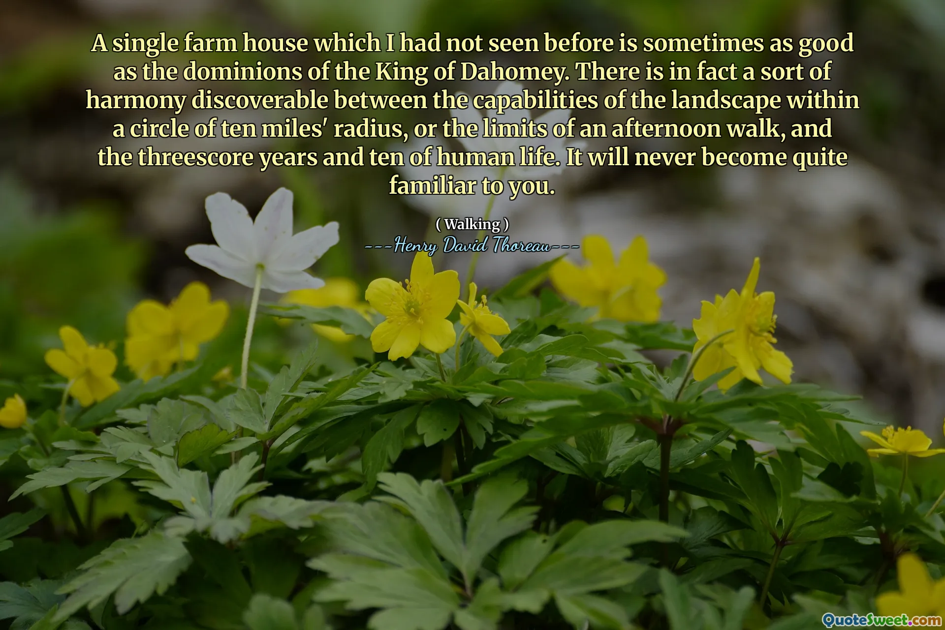 A single farm house which I had not seen before is sometimes as good as the dominions of the King of Dahomey. There is in fact a sort of harmony discoverable between the capabilities of the landscape within a circle of ten miles' radius, or the limits of an afternoon walk, and the threescore years and ten of human life. It will never become quite familiar to you.
