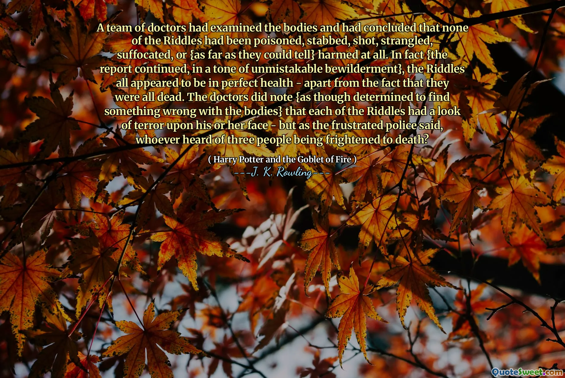 A team of doctors had examined the bodies and had concluded that none of the Riddles had been poisoned, stabbed, shot, strangled, suffocated, or {as far as they could tell} harmed at all. In fact {the report continued, in a tone of unmistakable bewilderment}, the Riddles all appeared to be in perfect health - apart from the fact that they were all dead. The doctors did note {as though determined to find something wrong with the bodies} that each of the Riddles had a look of terror upon his or her face - but as the frustrated police said, whoever heard of three people being frightened to death?