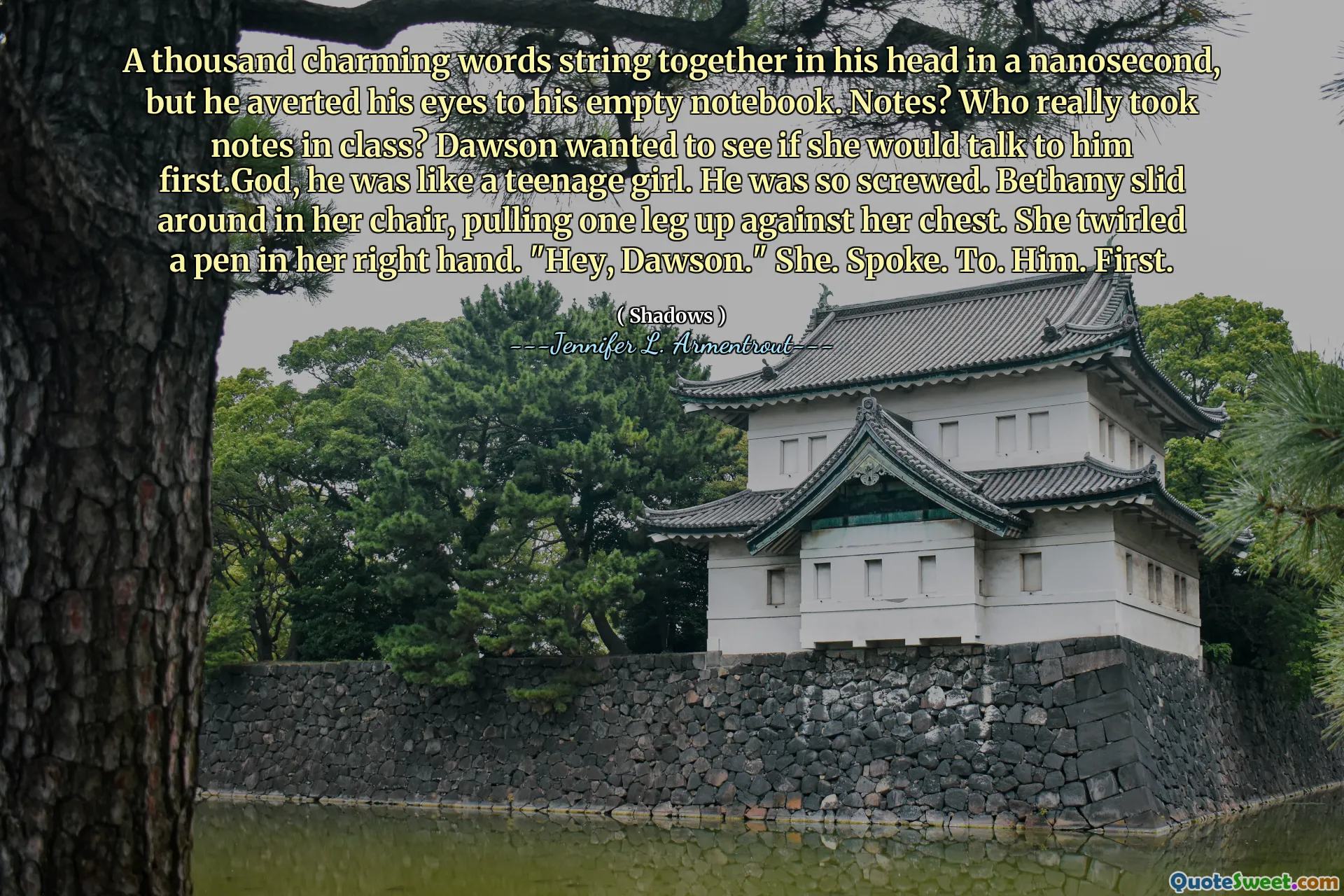 A thousand charming words string together in his head in a nanosecond, but he averted his eyes to his empty notebook. Notes? Who really took notes in class? Dawson wanted to see if she would talk to him first.God, he was like a teenage girl. He was so screwed. Bethany slid around in her chair, pulling one leg up against her chest. She twirled a pen in her right hand. "Hey, Dawson." She. Spoke. To. Him. First.