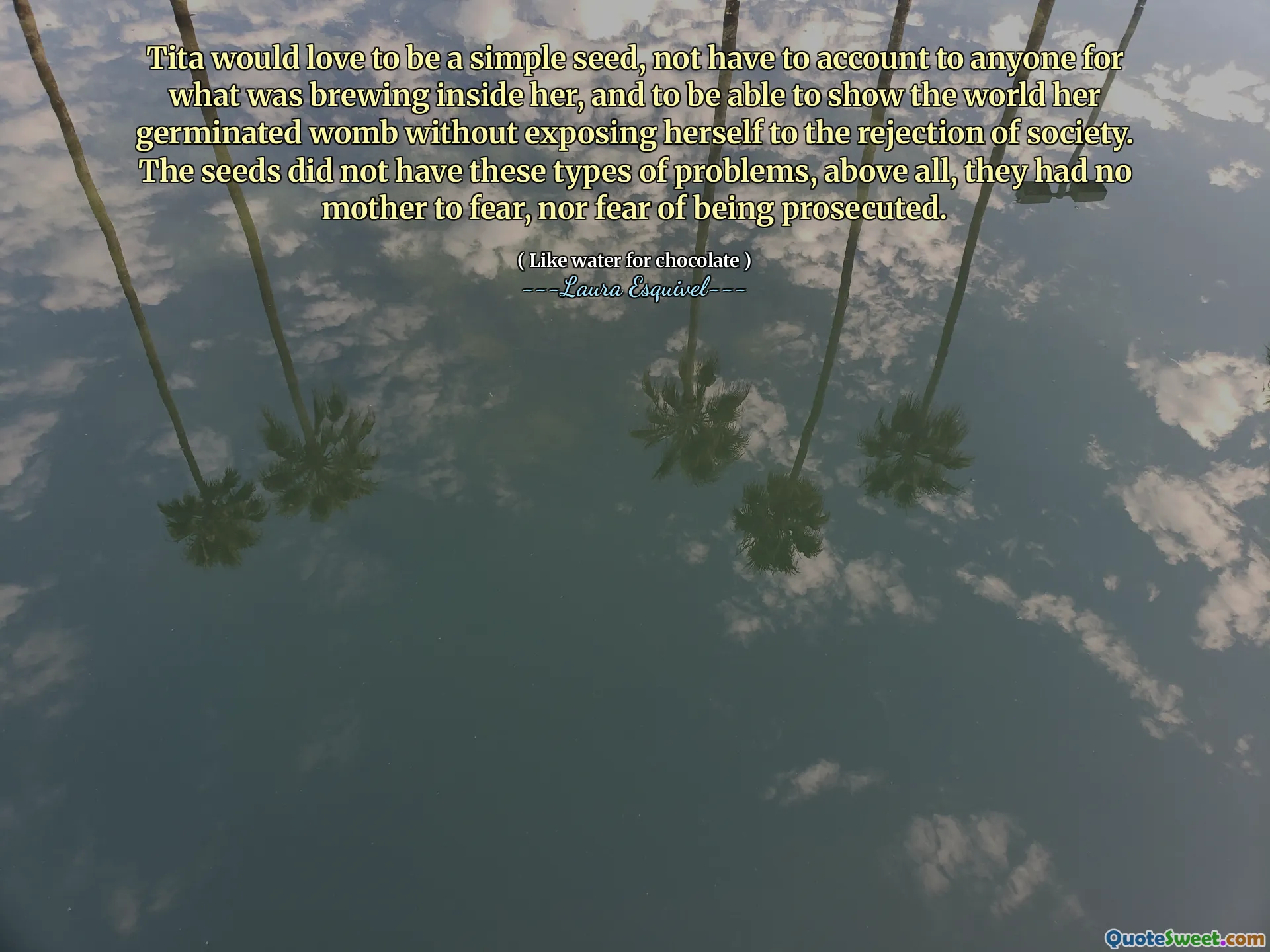 Tita zou graag een eenvoudig zaadje willen zijn, hoeven aan niemand te verantwoorden te zijn voor wat er in haar in brouwde, en de wereld haar ontkiemde baarmoeder te kunnen laten zien zonder zichzelf bloot te stellen aan de afwijzing van de samenleving. De zaden hadden dit soort problemen niet, vooral, ze hadden geen moeder om te vrezen, noch angst om te worden vervolgd.