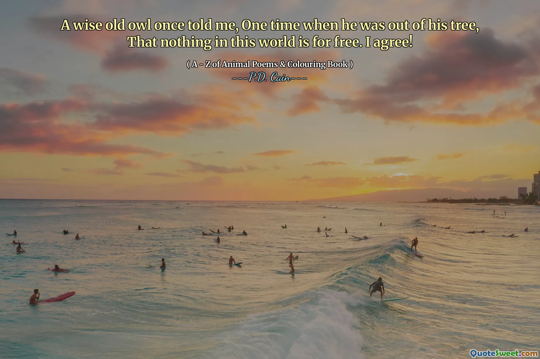 A wise old owl once told me, One time when he was out of his tree, That nothing in this world is for free. I agree!