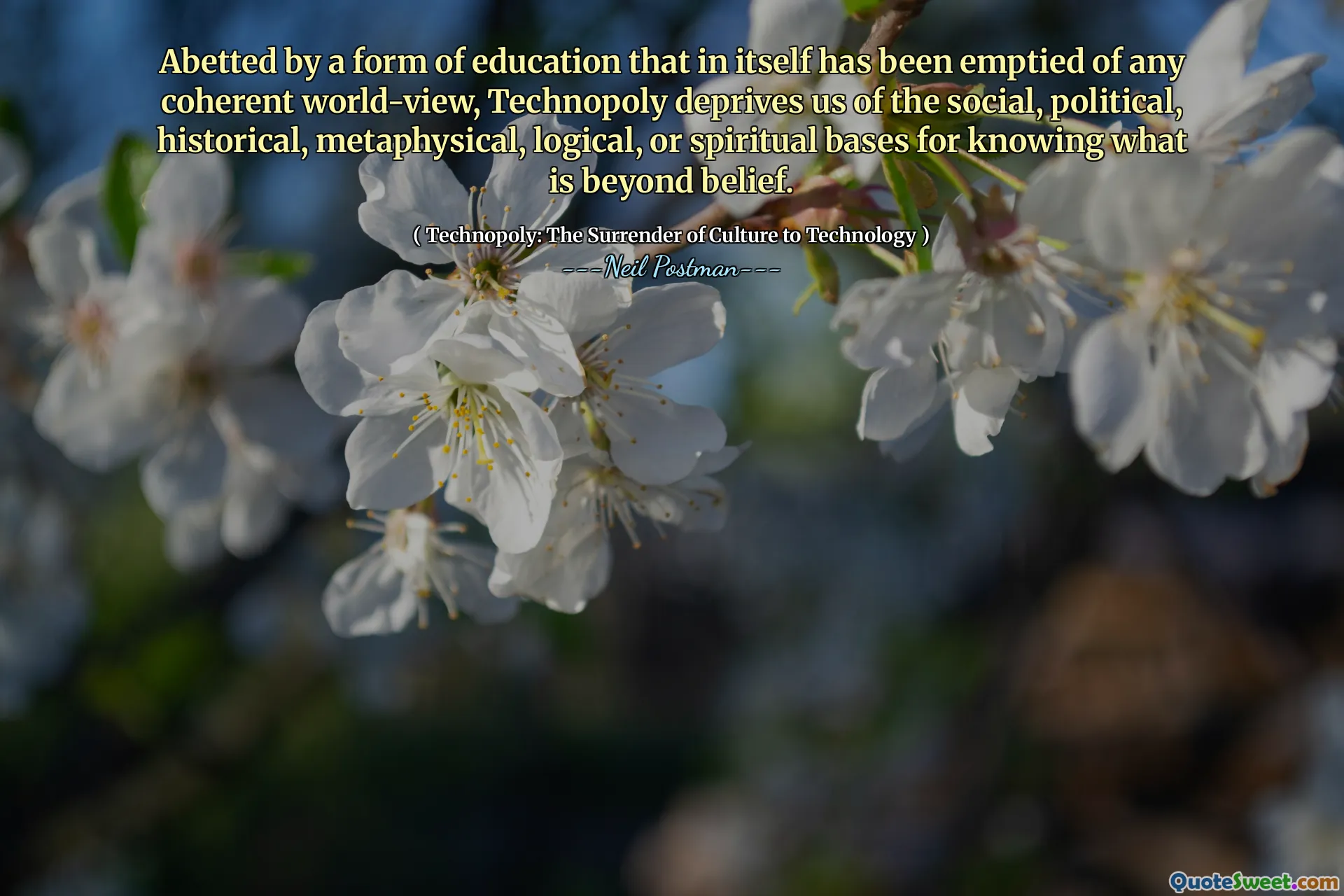 Abetted by a form of education that in itself has been emptied of any coherent world-view, Technopoly deprives us of the social, political, historical, metaphysical, logical, or spiritual bases for knowing what is beyond belief.