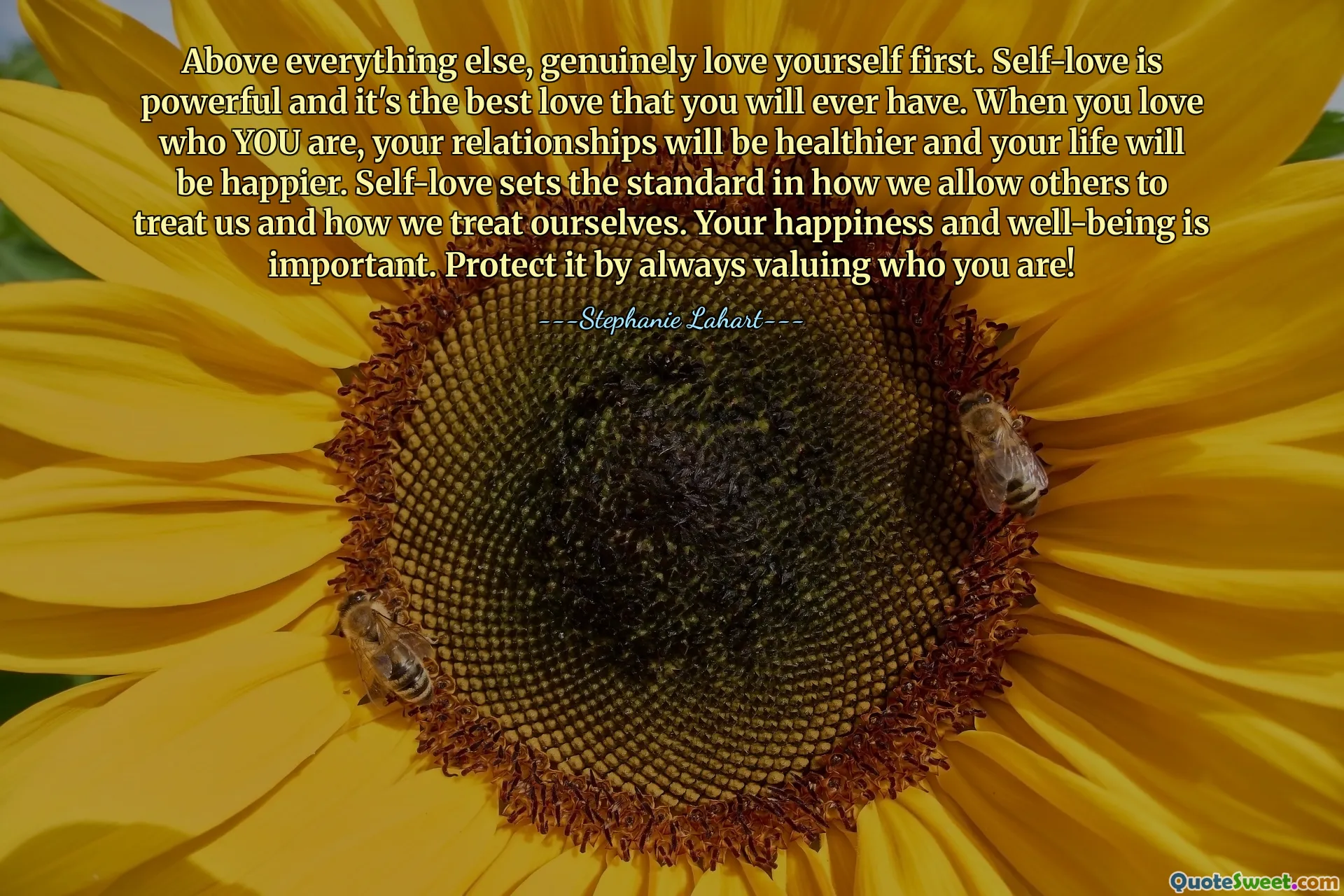 Above everything else, genuinely love yourself first. Self-love is powerful and it's the best love that you will ever have. When you love who YOU are, your relationships will be healthier and your life will be happier. Self-love sets the standard in how we allow others to treat us and how we treat ourselves. Your happiness and well-being is important. Protect it by always valuing who you are!