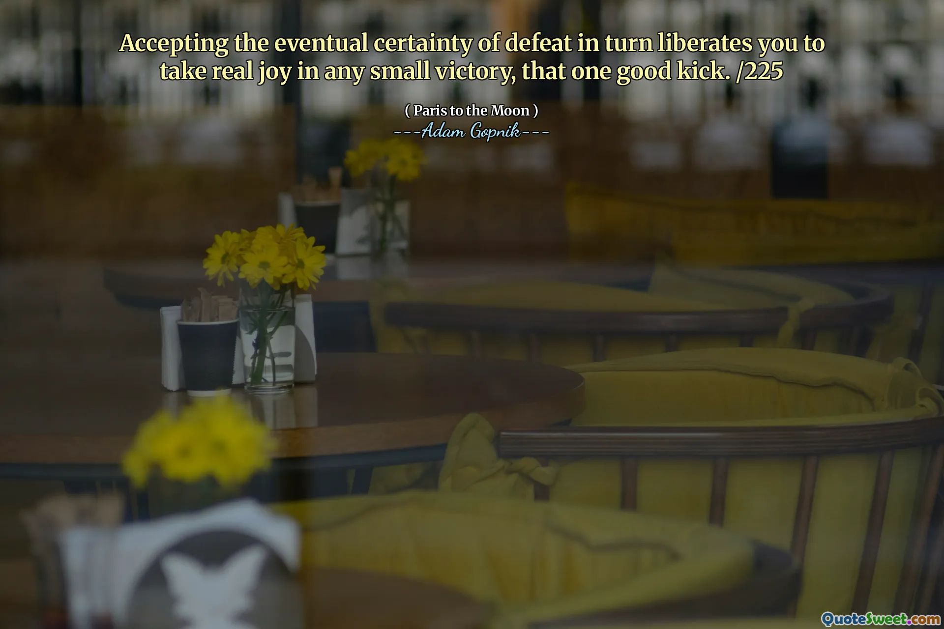 Accepting the eventual certainty of defeat in turn liberates you to take real joy in any small victory, that one good kick. /225