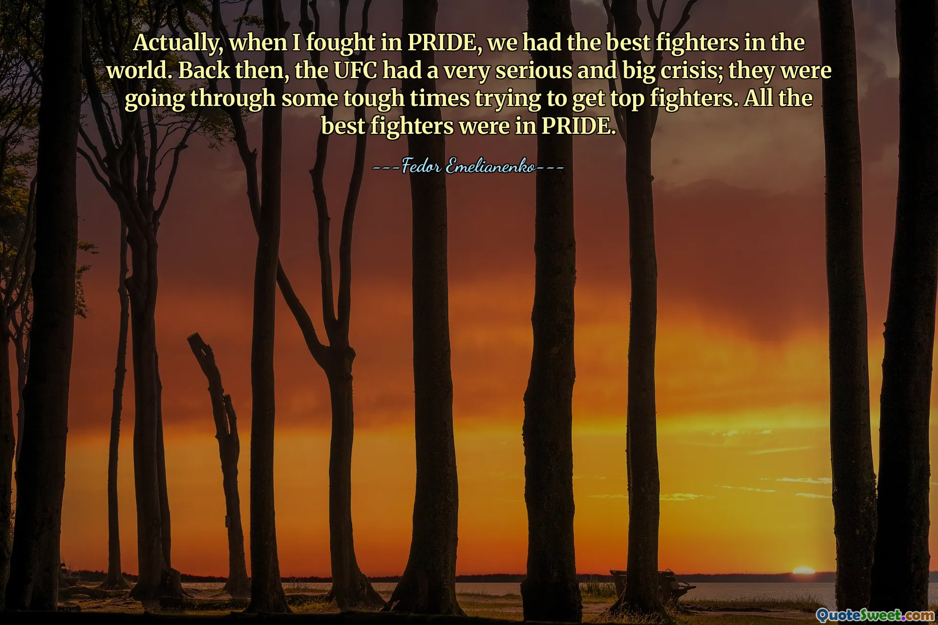 Vlastně, když jsem bojoval v PRIDE, měli jsme ty nejlepší bojovníky na světě. Tehdy mělo UFC velmi vážnou a velkou krizi; procházeli těžkými časy ve snaze získat špičkové bojovníky. Všichni nejlepší borci byli v PRIDE.