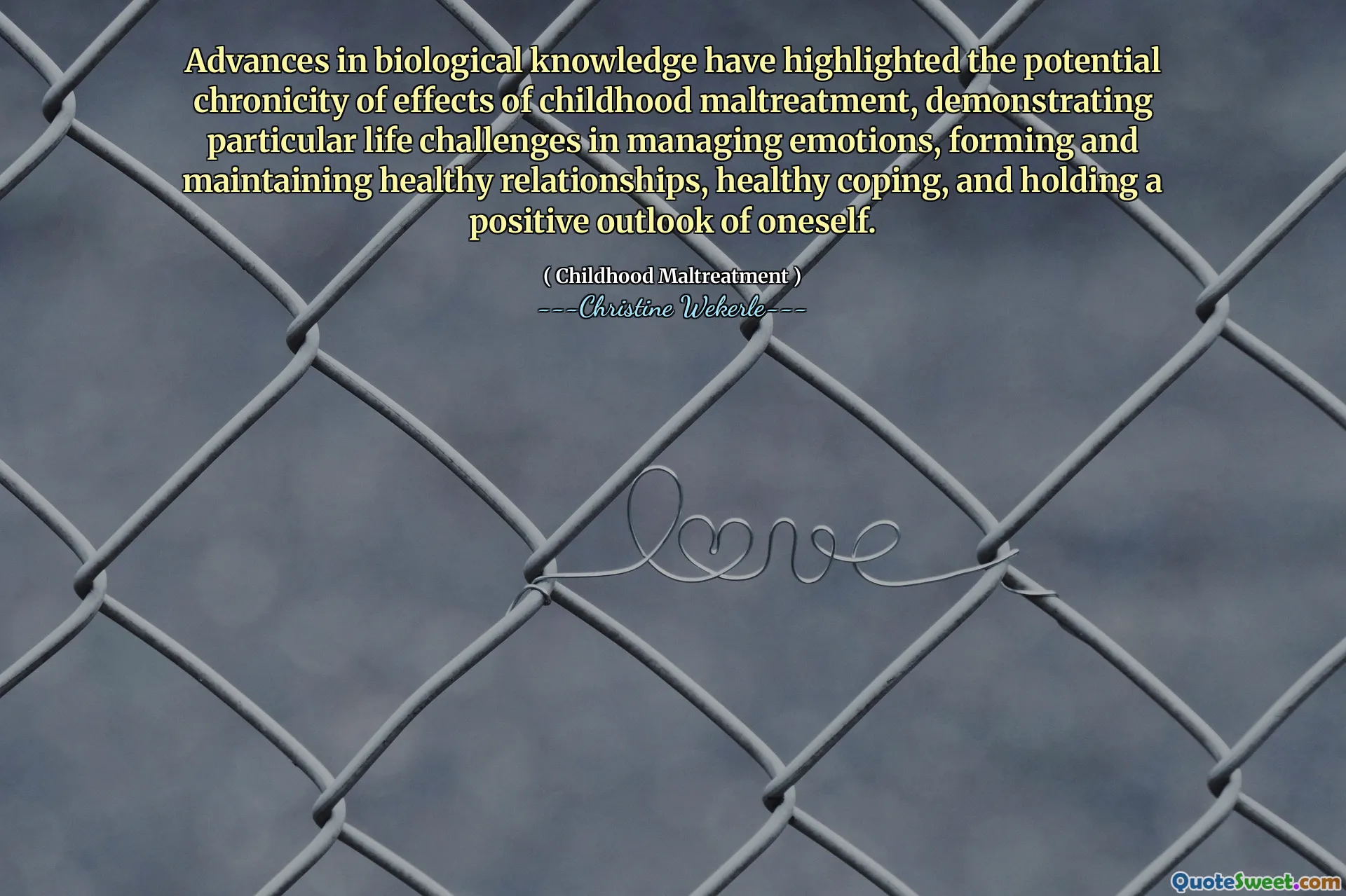 Advances in biological knowledge have highlighted the potential chronicity of effects of childhood maltreatment, demonstrating particular life challenges in managing emotions, forming and maintaining healthy relationships, healthy coping, and holding a positive outlook of oneself.