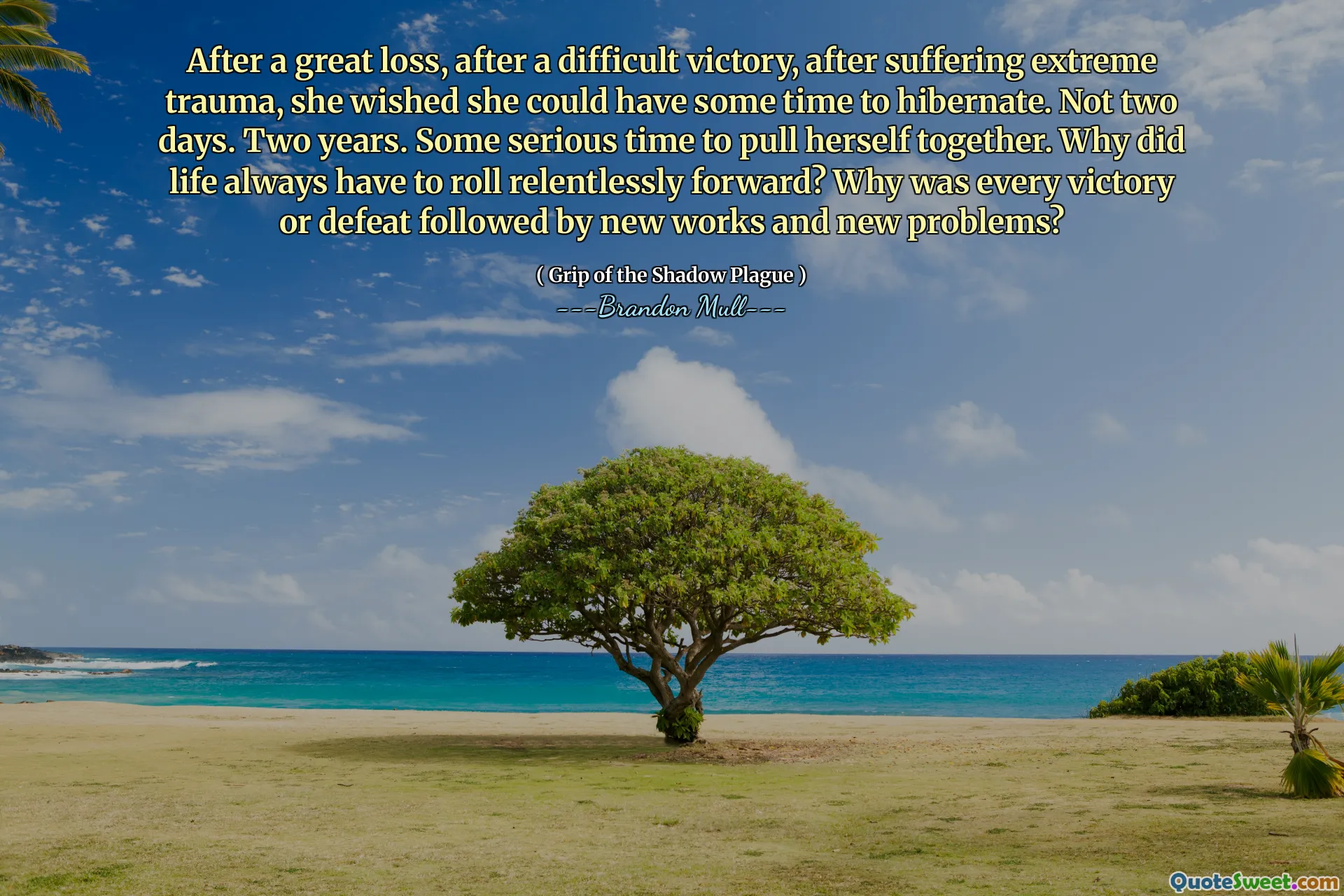 After a great loss, after a difficult victory, after suffering extreme trauma, she wished she could have some time to hibernate. Not two days. Two years. Some serious time to pull herself together. Why did life always have to roll relentlessly forward? Why was every victory or defeat followed by new works and new problems?
