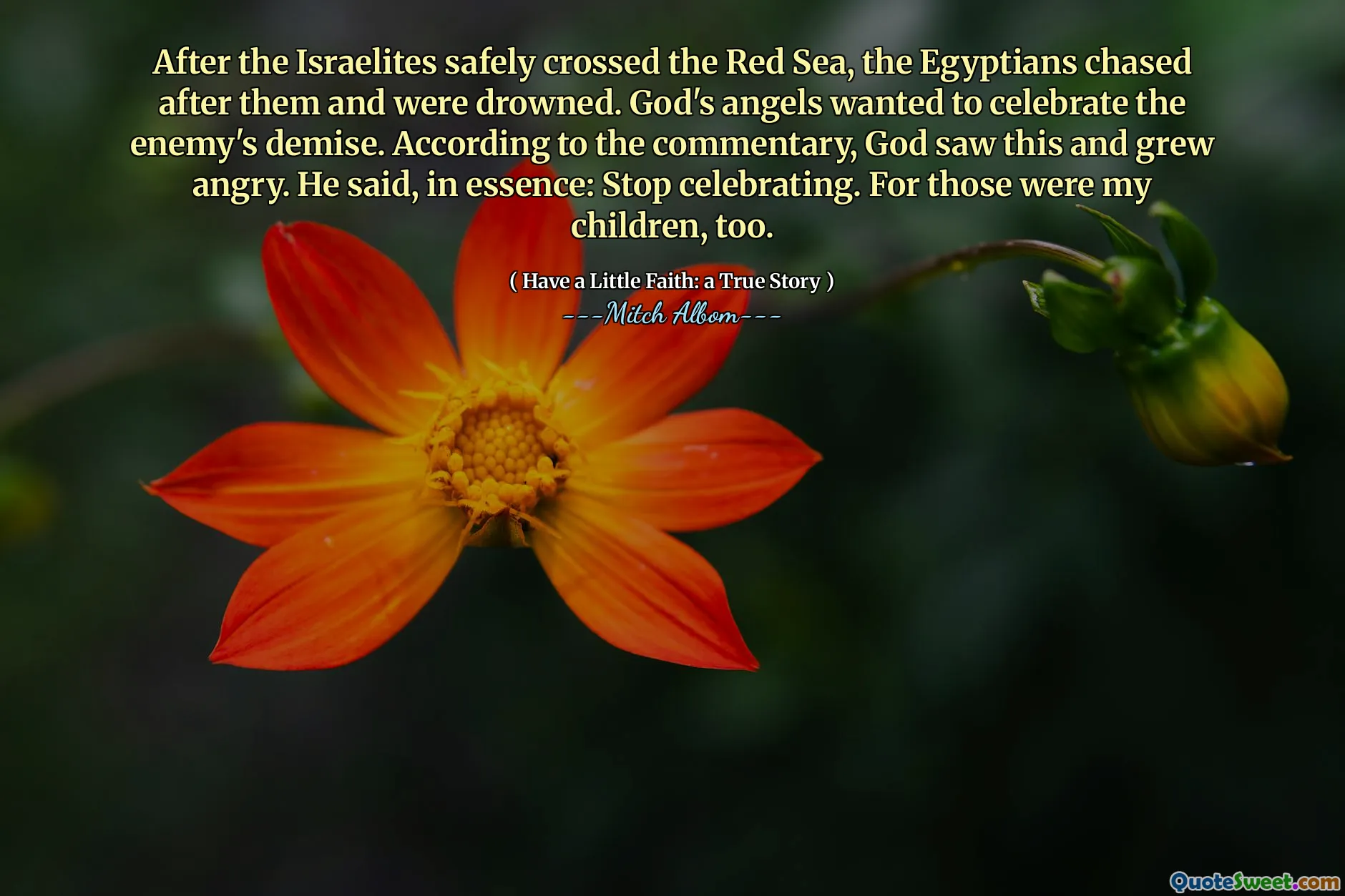 在以色列人安全地越过红海之后，埃及人追赶他们并被淹死。上帝的天使想庆祝敌人的灭亡。根据评论，上帝看到了这一点并生气了。他说，本质上：停止庆祝。因为那些也是我的孩子。