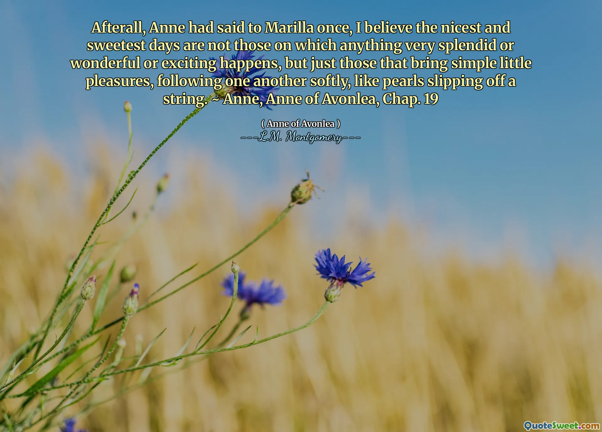 Afterall, Anne had said to Marilla once, I believe the nicest and sweetest days are not those on which anything very splendid or wonderful or exciting happens, but just those that bring simple little pleasures, following one another softly, like pearls slipping off a string. ~ Anne, Anne of Avonlea, Chap. 19