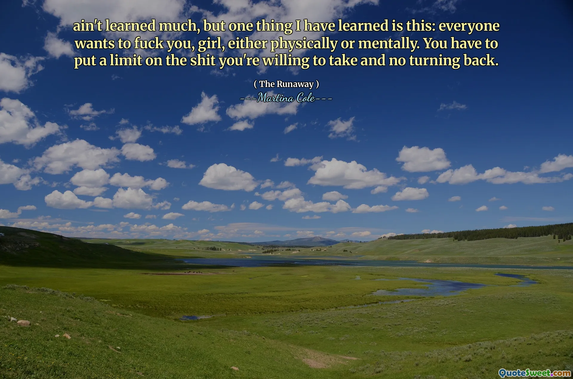 Det har inte lärt mig mycket, men en sak jag har lärt mig är detta: alla vill knulla dig, tjej, antingen fysiskt eller mentalt. Du måste sätta en gräns för skiten du är villig att ta och ingen vända tillbaka.