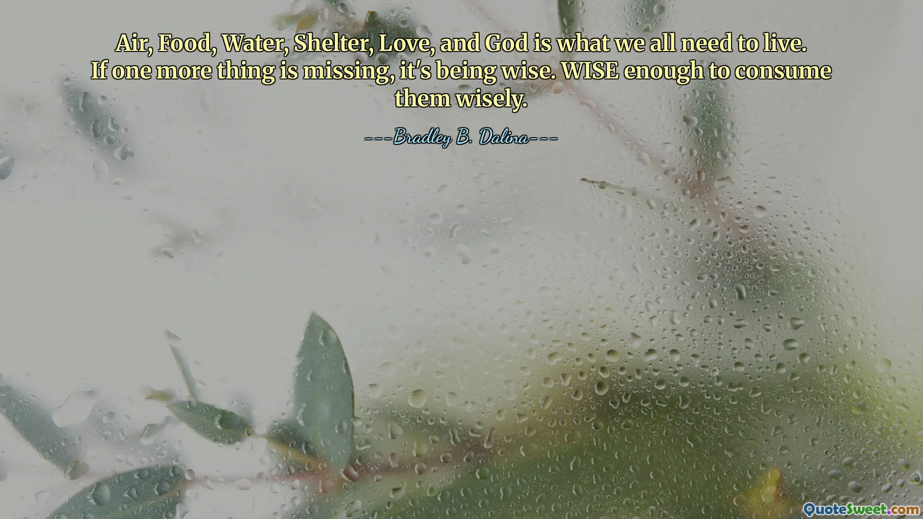 Air, Food, Water, Shelter, Love, and God is what we all need to live. If one more thing is missing, it's being wise. WISE enough to consume them wisely.