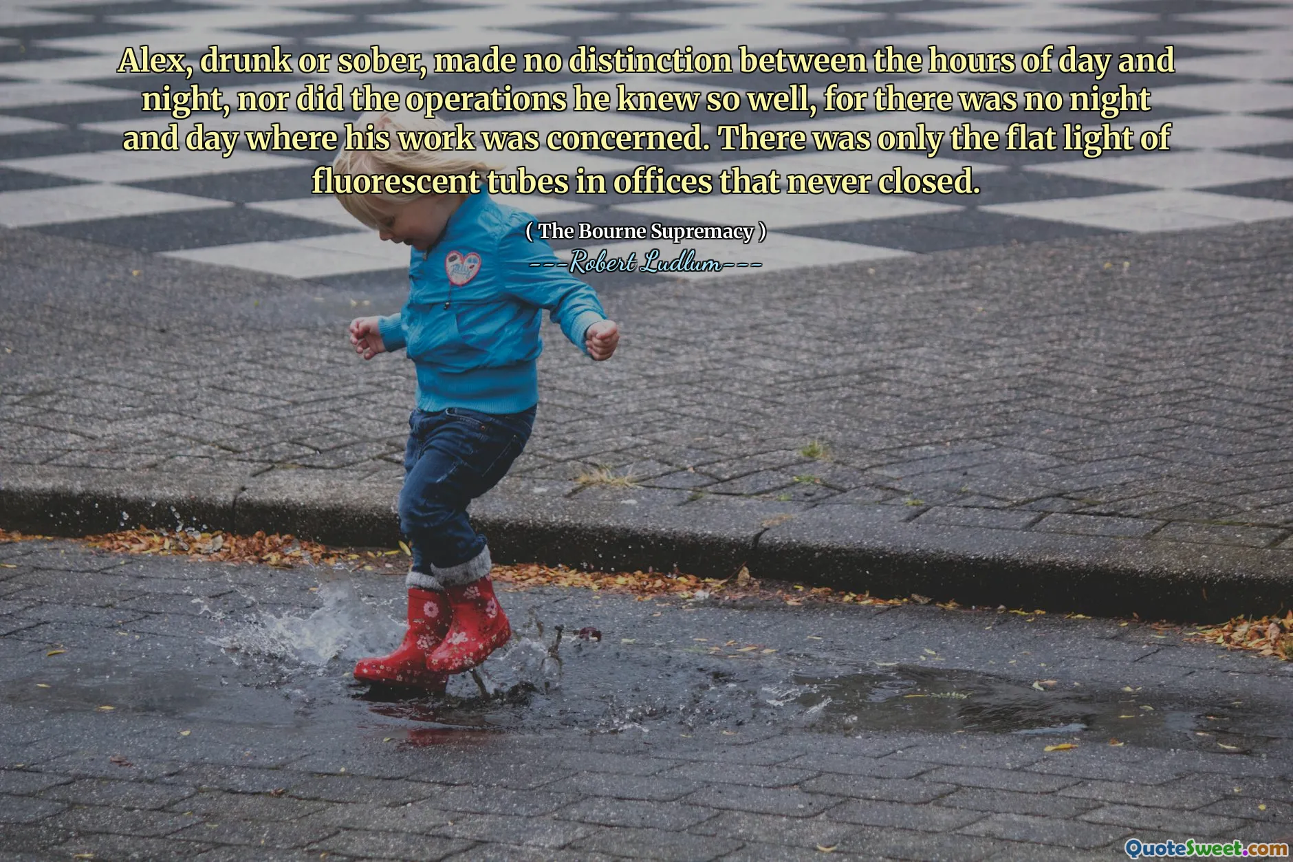 Alex, beruset eller edru, gjorde ingen skille mellom timene på dagen og natten, og heller ikke operasjonene han kjente så godt, for det var ingen natt og dag der arbeidet hans var bekymret. Det var bare det flate lyset av lysstoffrør på kontorer som aldri stengte.