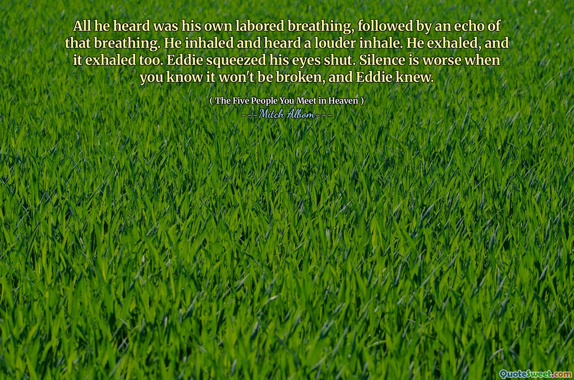 Alles, was er hörte, war seine eigene atmete Atmung, gefolgt von einem Echo dieser Atmung. Er atmete ein und hörte ein lauteres Einatmen. Er atmete aus und es atmete auch aus. Eddie drückte die Augen geschlossen. Stille ist schlimmer, wenn Sie wissen, dass es nicht gebrochen wird, und Eddie wusste es.