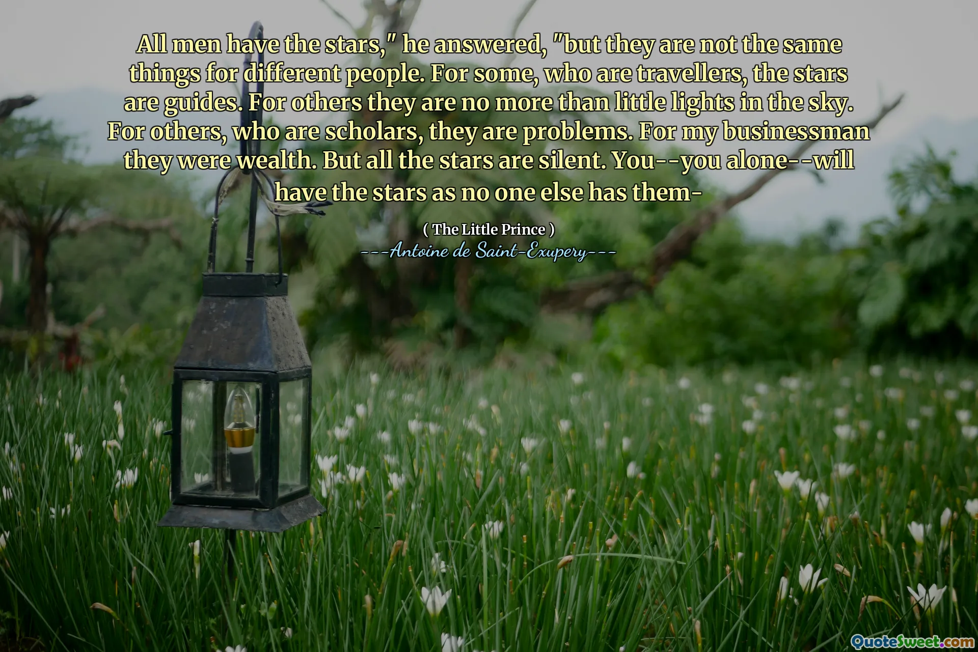 All men have the stars," he answered, "but they are not the same things for different people. For some, who are travellers, the stars are guides. For others they are no more than little lights in the sky. For others, who are scholars, they are problems. For my businessman they were wealth. But all the stars are silent. You--you alone--will have the stars as no one else has them-