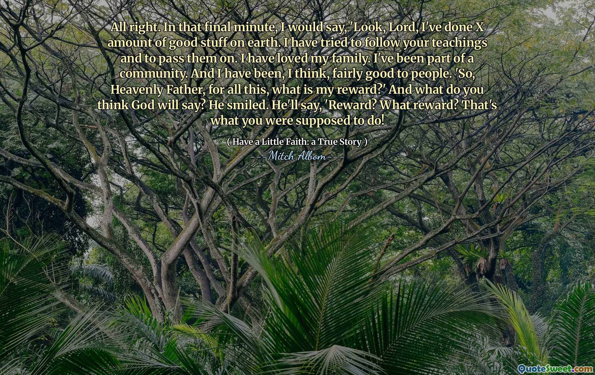In Ordnung. In dieser letzten Minute würde ich sagen: „Schau, Herr, ich habe x viele gute Sachen auf Erden gemacht. Ich habe versucht, Ihren Lehren zu folgen und sie weiterzugeben. Ich habe meine Familie geliebt. Ich war Teil einer Gemeinschaft. Und ich war, denke ich, ziemlich gut zu Menschen. "Also, himmlischer Vater, was ist meine Belohnung?" Und was glaubst du, wird Gott sagen? Er lächelte. Er wird sagen: 'Belohnung? Welche Belohnung? Das sollte du tun!