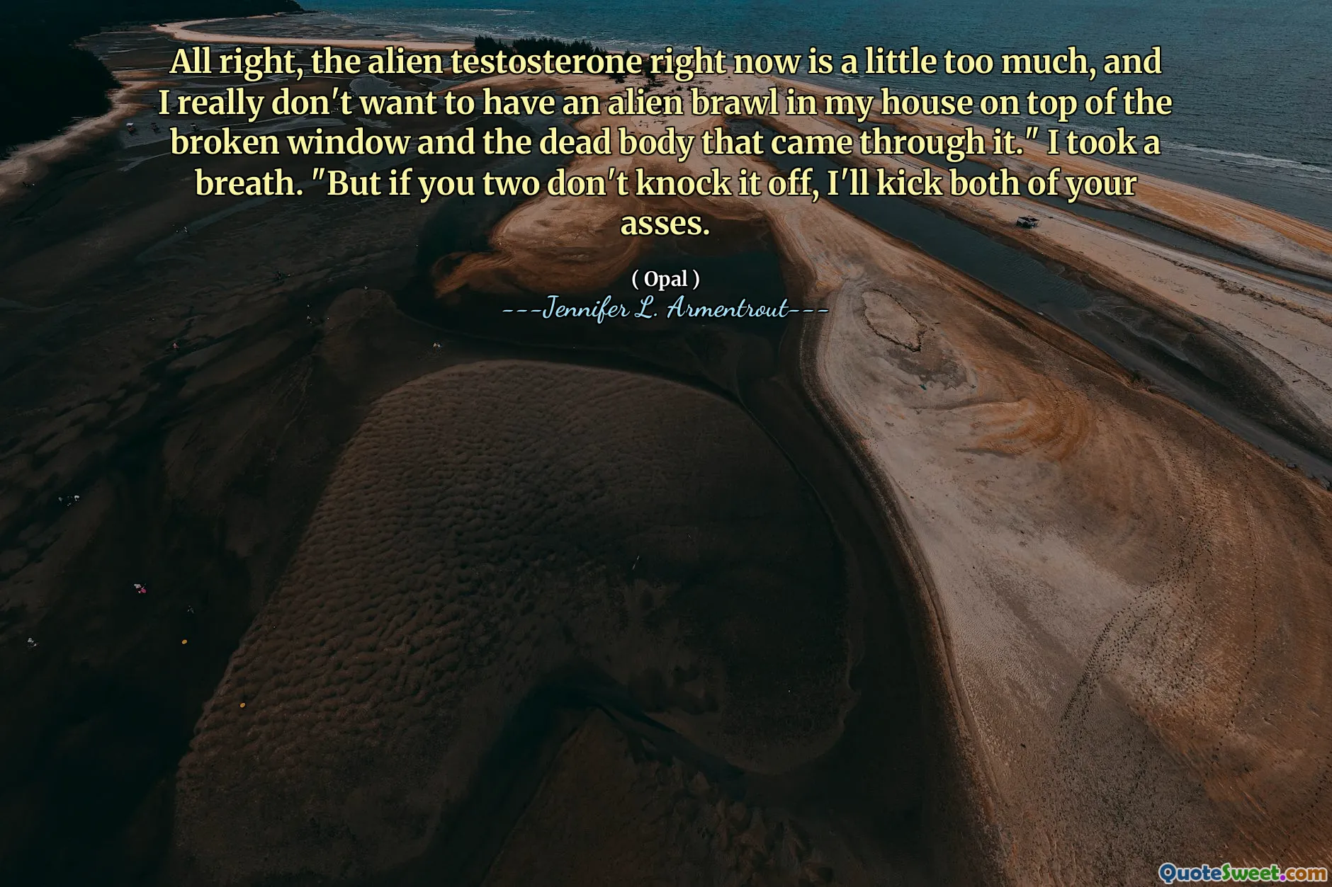 All right, the alien testosterone right now is a little too much, and I really don't want to have an alien brawl in my house on top of the broken window and the dead body that came through it." I took a breath. "But if you two don't knock it off, I'll kick both of your asses.