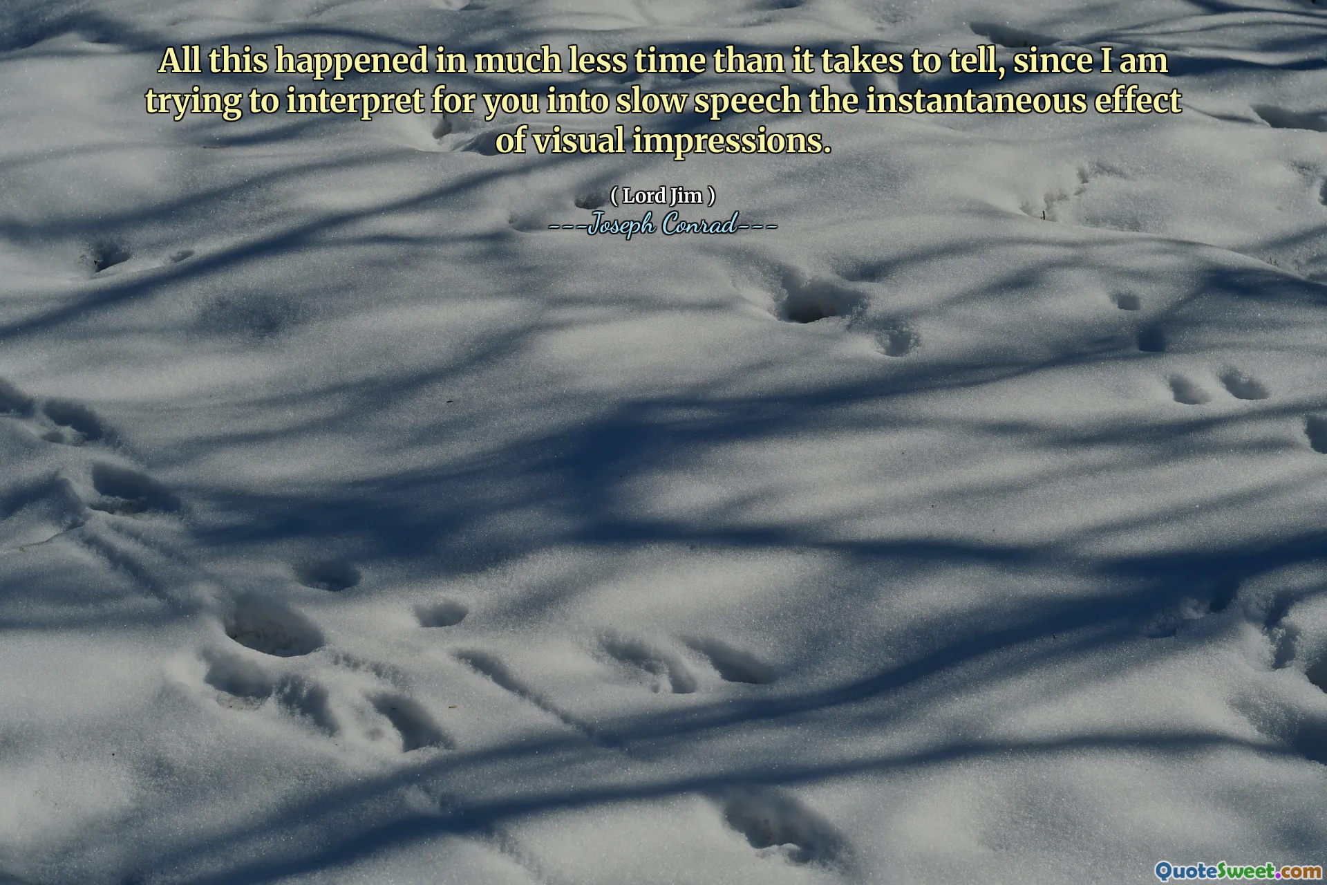 All this happened in much less time than it takes to tell, since I am trying to interpret for you into slow speech the instantaneous effect of visual impressions.