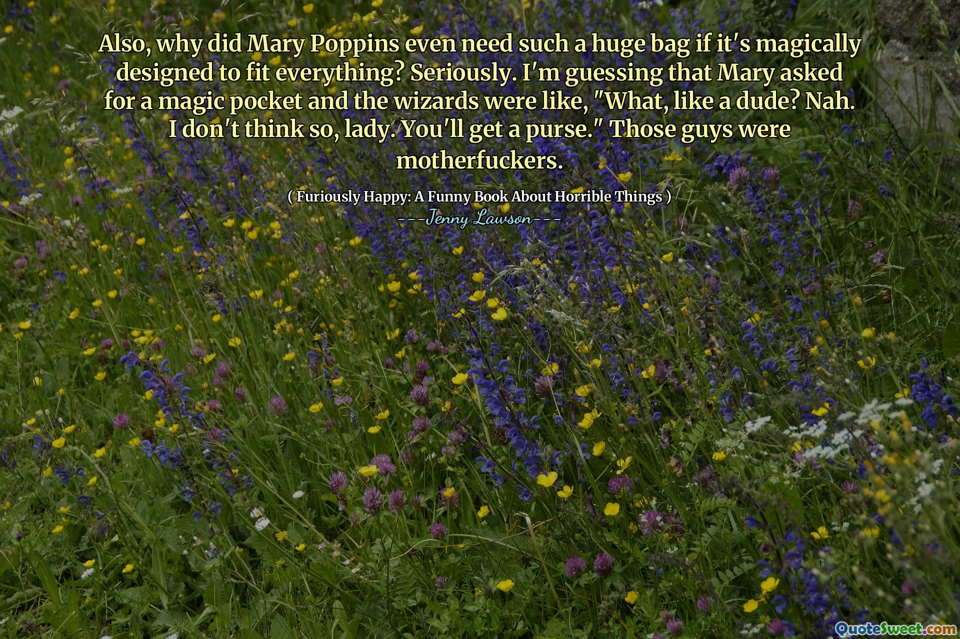 Also, why did Mary Poppins even need such a huge bag if it's magically designed to fit everything? Seriously. I'm guessing that Mary asked for a magic pocket and the wizards were like, "What, like a dude? Nah. I don't think so, lady. You'll get a purse." Those guys were motherfuckers.