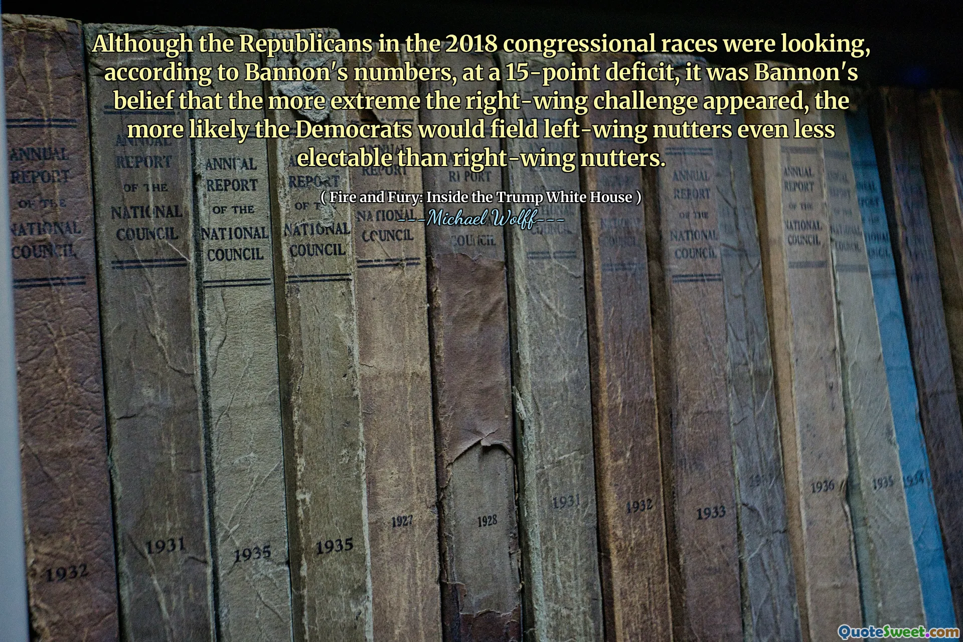 Although the Republicans in the 2018 congressional races were looking, according to Bannon's numbers, at a 15-point deficit, it was Bannon's belief that the more extreme the right-wing challenge appeared, the more likely the Democrats would field left-wing nutters even less electable than right-wing nutters.