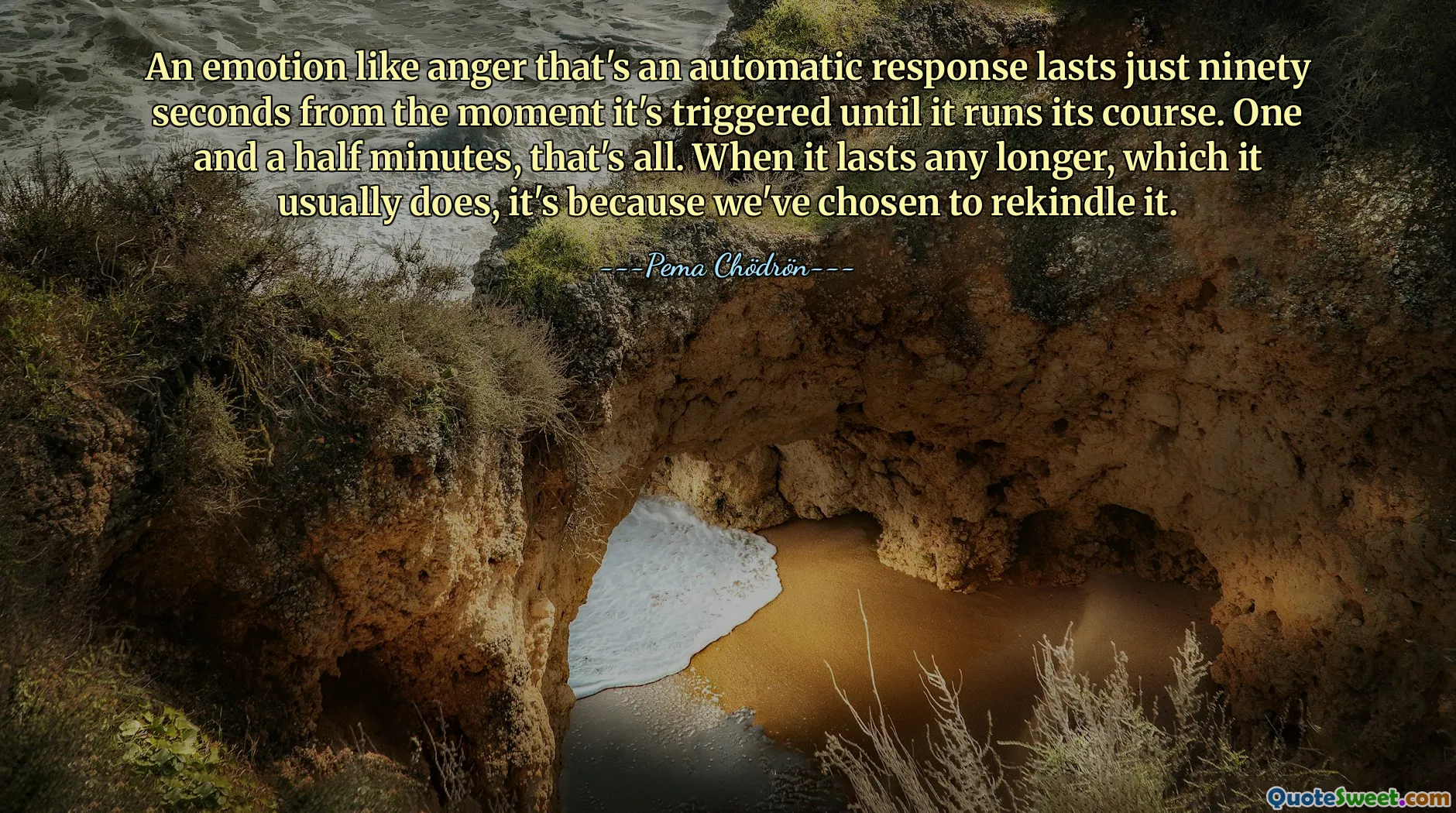 An emotion like anger that's an automatic response lasts just ninety seconds from the moment it's triggered until it runs its course. One and a half minutes, that's all. When it lasts any longer, which it usually does, it's because we've chosen to rekindle it.