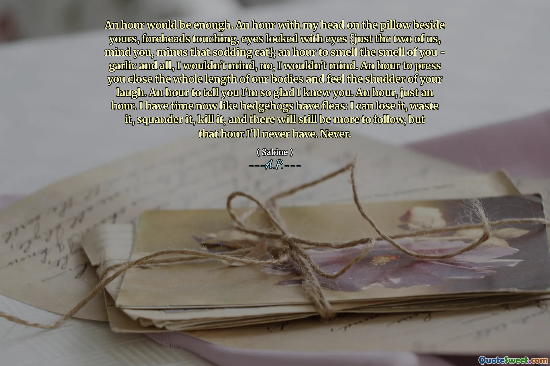 An hour would be enough. An hour with my head on the pillow beside yours, foreheads touching, eyes locked with eyes {just the two of us, mind you, minus that sodding cat}; an hour to smell the smell of you - garlic and all, I wouldn't mind, no, I wouldn't mind. An hour to press you close the whole length of our bodies and feel the shudder of your laugh. An hour to tell you I'm so glad I knew you. An hour, just an hour. I have time now like hedgehogs have fleas: I can lose it, waste it, squander it, kill it, and there will still be more to follow, but that hour I'll never have. Never.
