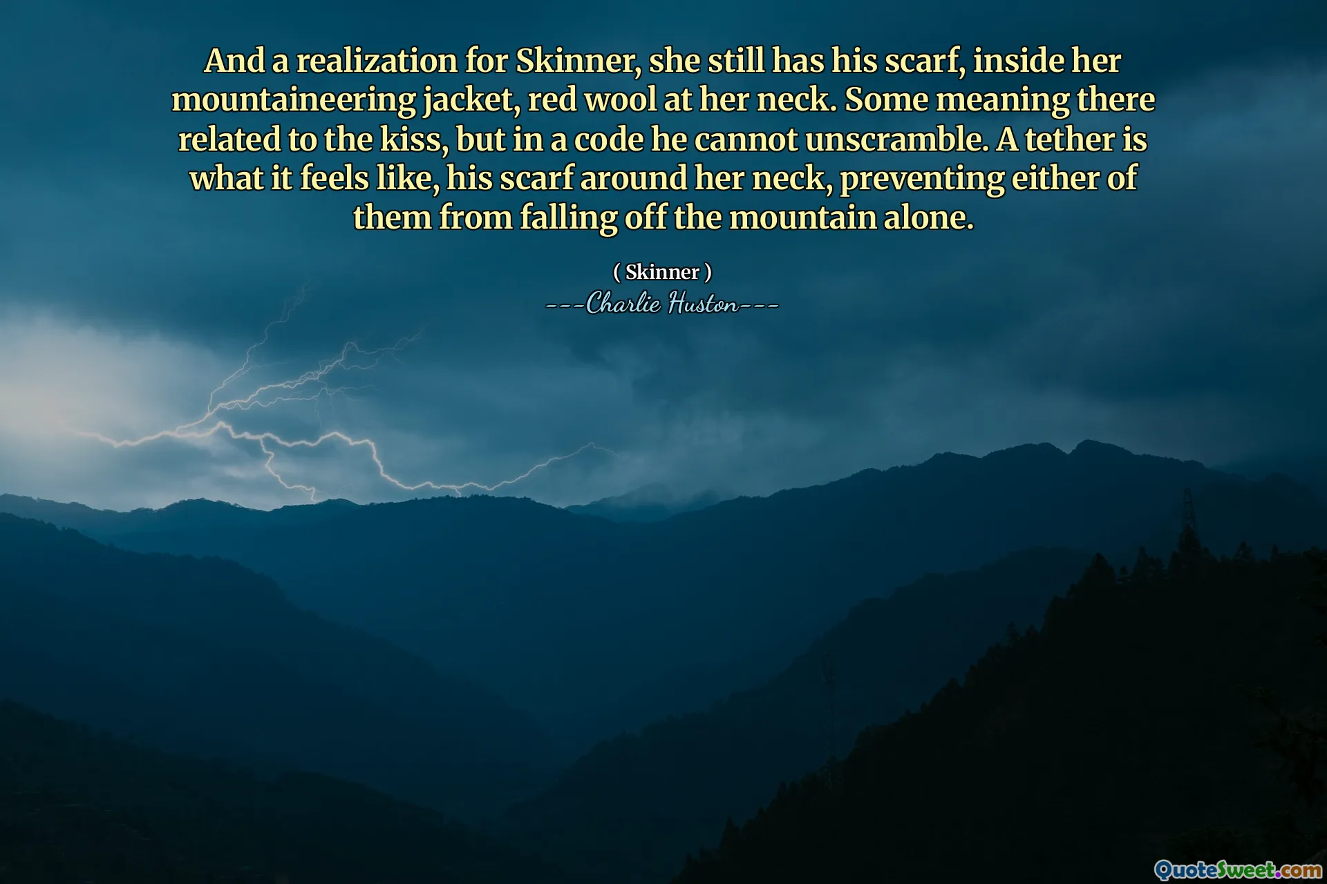 И осознание для Скиннера, у нее все еще есть его шарф, внутри ее альпинистской куртки, красная шерсть на шее. Некоторое значение там было связано с поцелуем, но в коде он не может разраститься. Привязка - это то, что похоже, его шарф на ее шее, не позволяя любому из них упасть с горы в одиночестве.