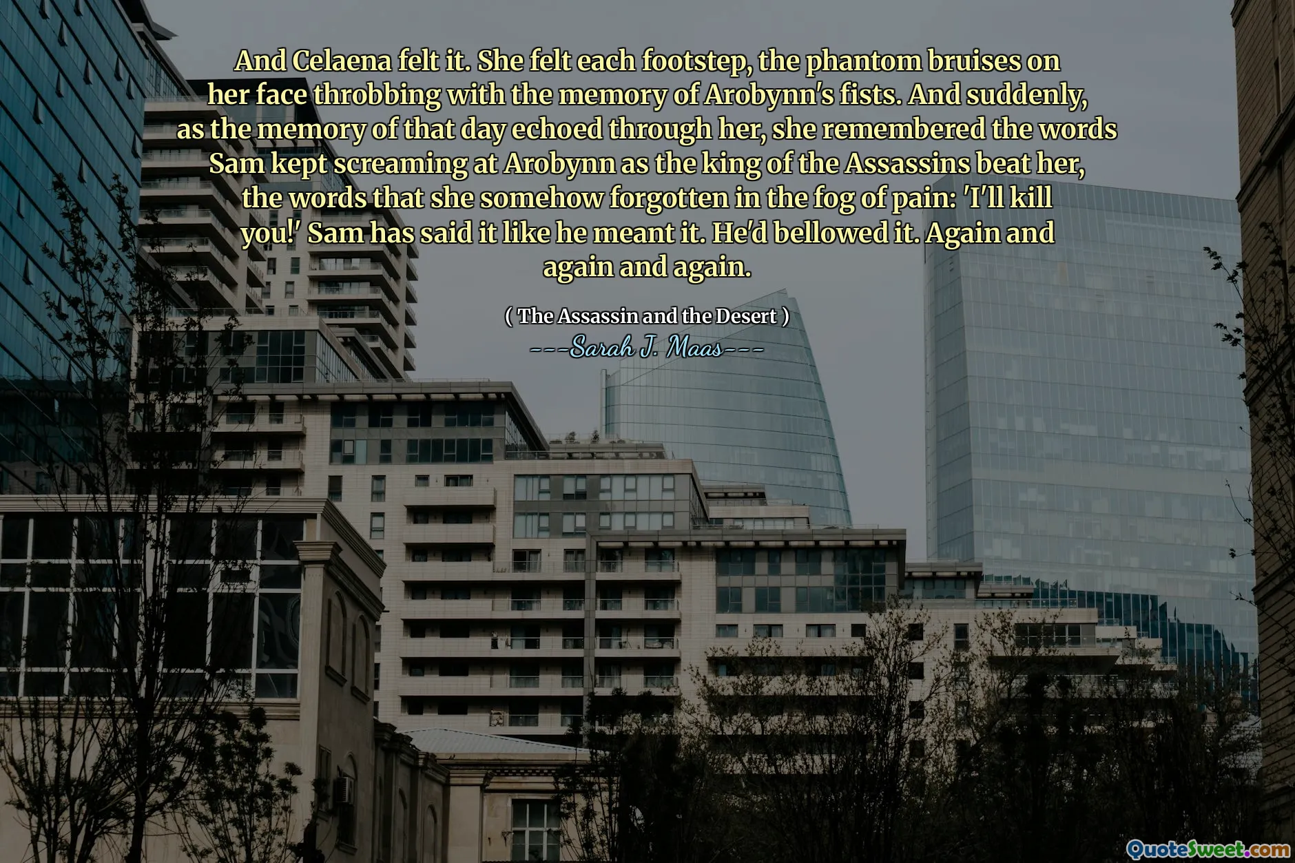 And Celaena felt it. She felt each footstep, the phantom bruises on her face throbbing with the memory of Arobynn's fists. And suddenly, as the memory of that day echoed through her, she remembered the words Sam kept screaming at Arobynn as the king of the Assassins beat her, the words that she somehow forgotten in the fog of pain: 'I'll kill you!' Sam has said it like he meant it. He'd bellowed it. Again and again and again.