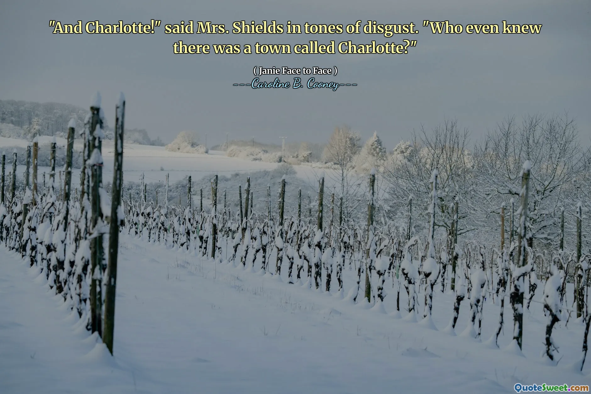 "And Charlotte!" said Mrs. Shields in tones of disgust. "Who even knew there was a town called Charlotte?"