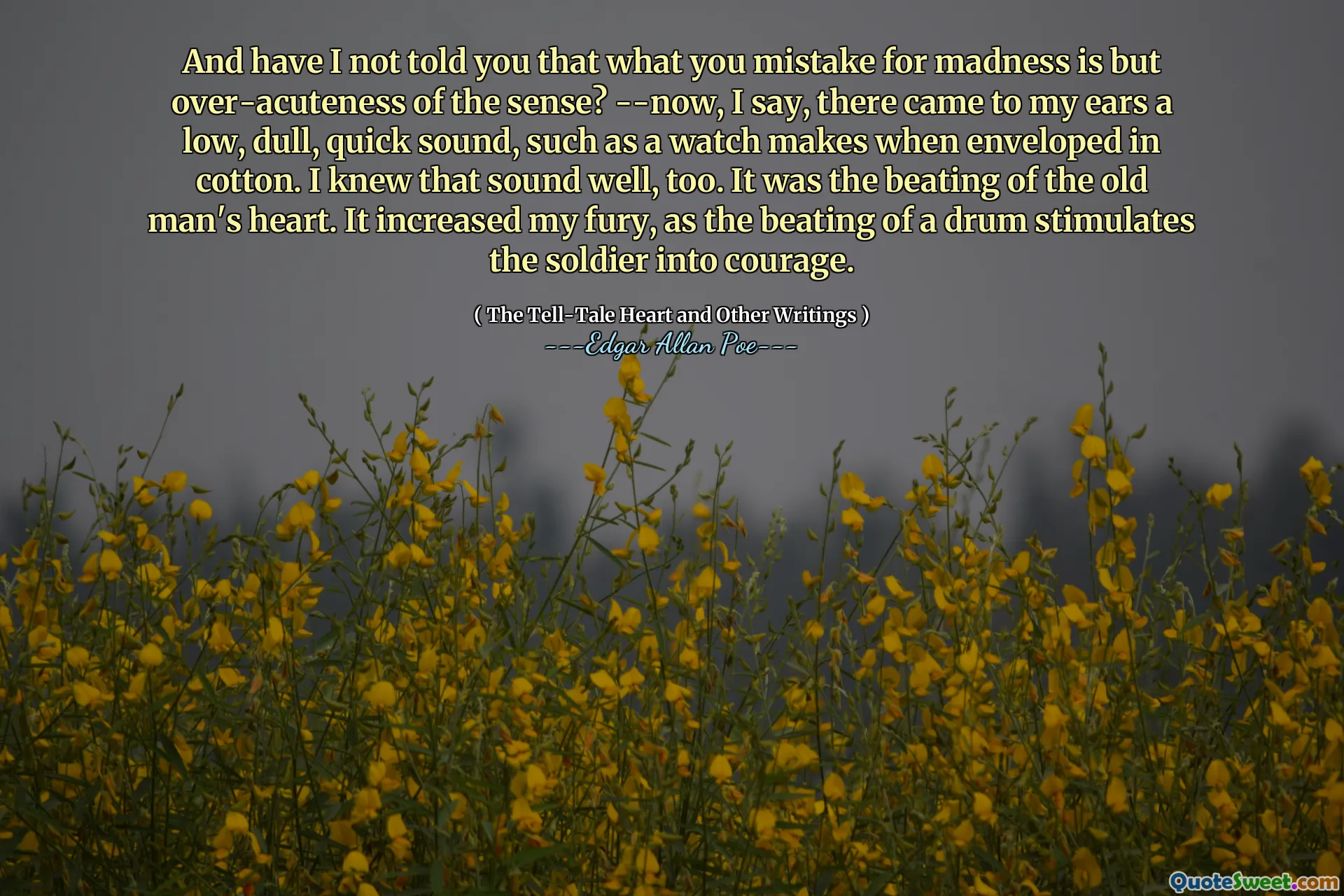 And have I not told you that what you mistake for madness is but over-acuteness of the sense? --now, I say, there came to my ears a low, dull, quick sound, such as a watch makes when enveloped in cotton. I knew that sound well, too. It was the beating of the old man's heart. It increased my fury, as the beating of a drum stimulates the soldier into courage.