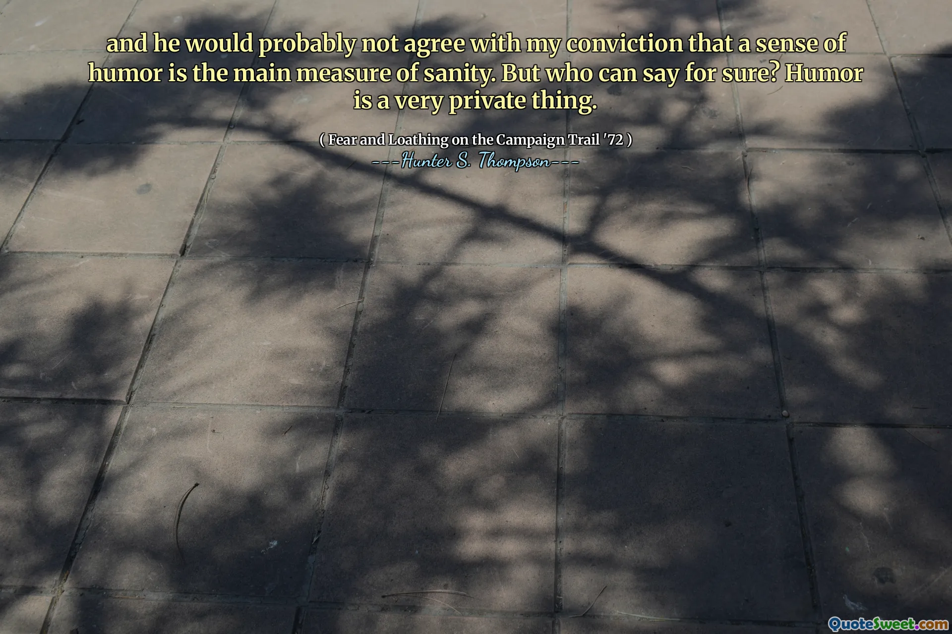 Ve muhtemelen bir mizah anlayışının akıl sağlığının ana ölçüsü olduğuna inanmamı kabul etmeyecekti. Ama kim kesin olarak söyleyebilir? Mizah çok özel bir şeydir.