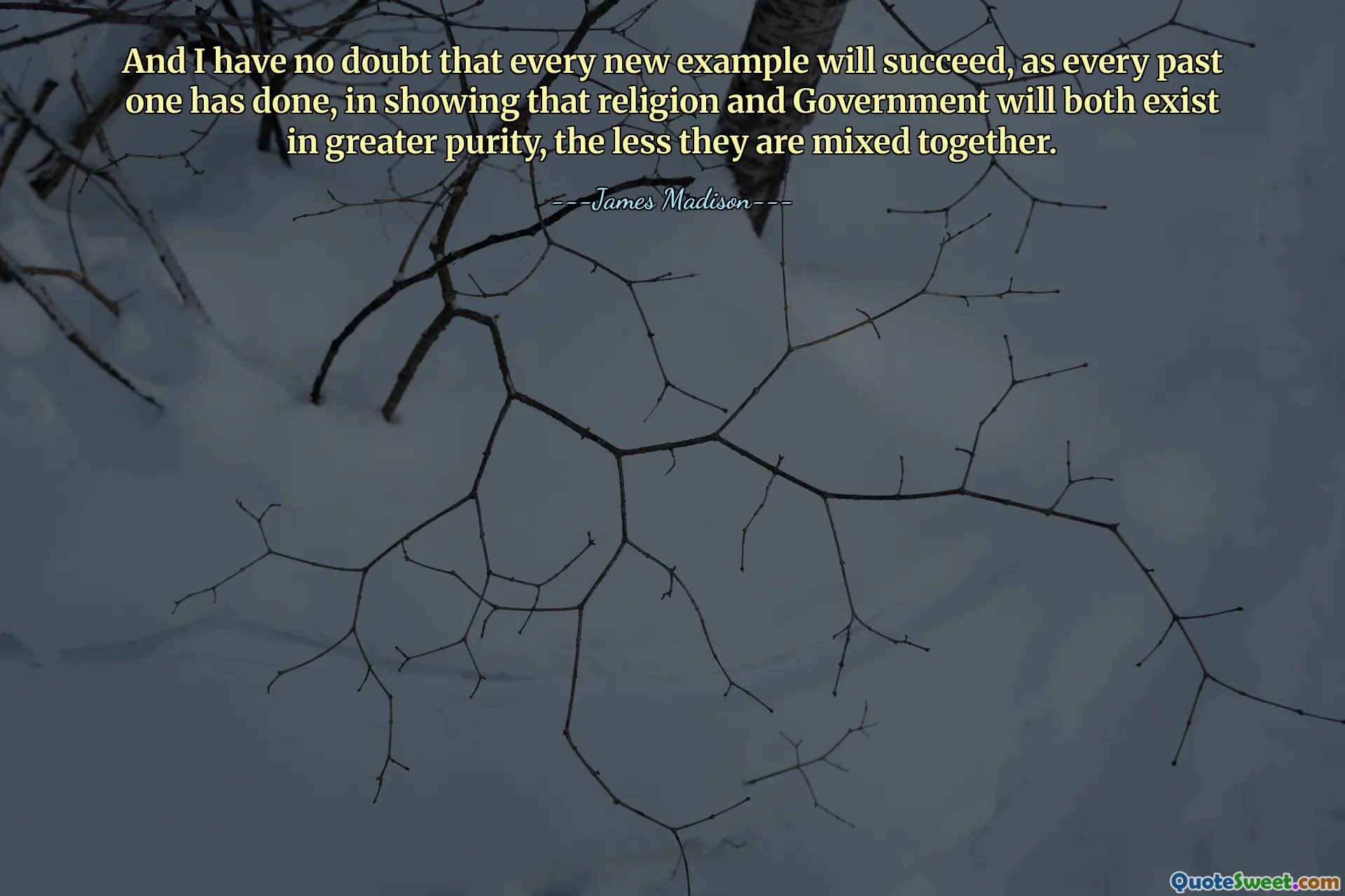 И я не сомневаюсь, что каждый новый пример, как и каждый прошлый, сможет показать, что религия и правительство будут существовать в большей чистоте, чем меньше они будут смешаны друг с другом.