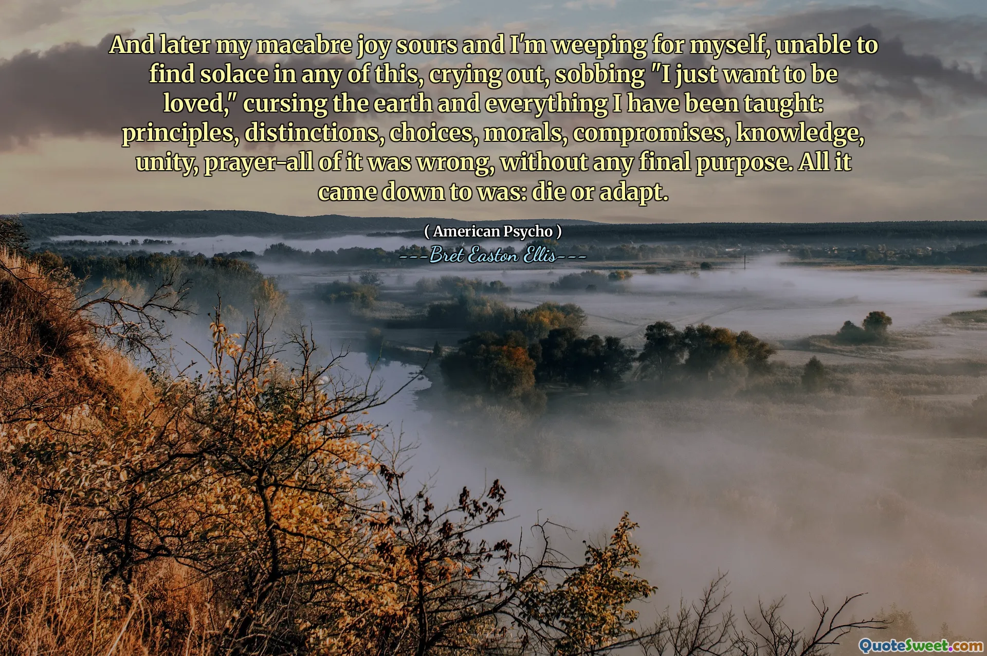And later my macabre joy sours and I'm weeping for myself, unable to find solace in any of this, crying out, sobbing "I just want to be loved," cursing the earth and everything I have been taught: principles, distinctions, choices, morals, compromises, knowledge, unity, prayer-all of it was wrong, without any final purpose. All it came down to was: die or adapt.