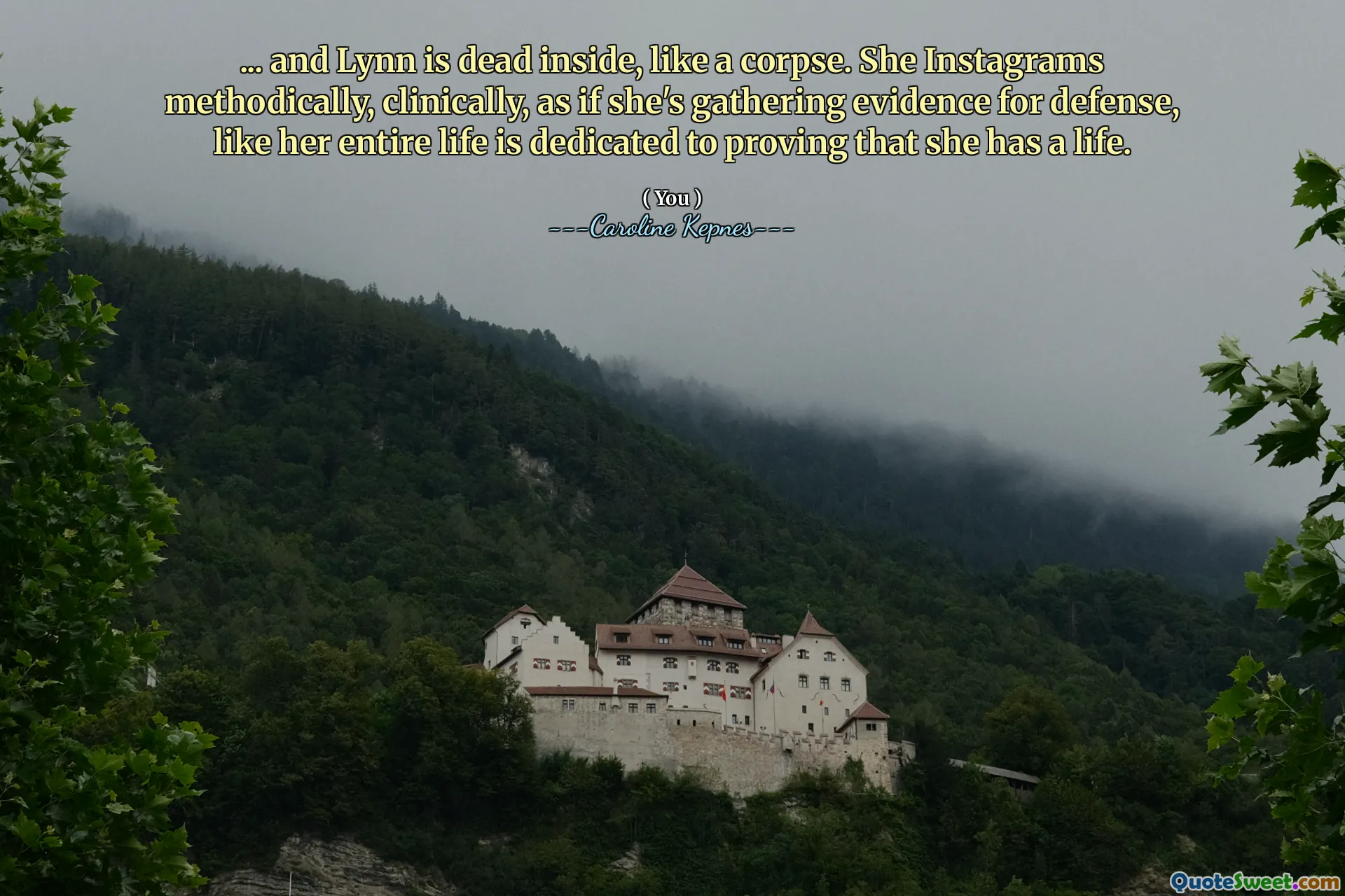 ... and Lynn is dead inside, like a corpse. She Instagrams methodically, clinically, as if she's gathering evidence for defense, like her entire life is dedicated to proving that she has a life.