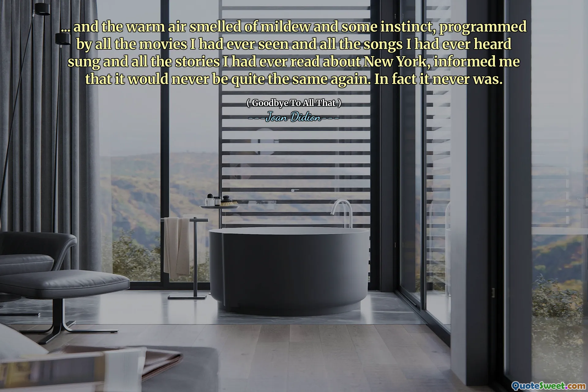 ... și aerul cald mirosea a mucegai și a unui instinct, programat de toate filmele pe care le -am văzut vreodată și toate melodiile pe care le -am auzit vreodată Sung și toate poveștile pe care le -am citit vreodată despre New York, m -au informat că nu va mai fi niciodată la fel. De fapt, nu a fost niciodată.