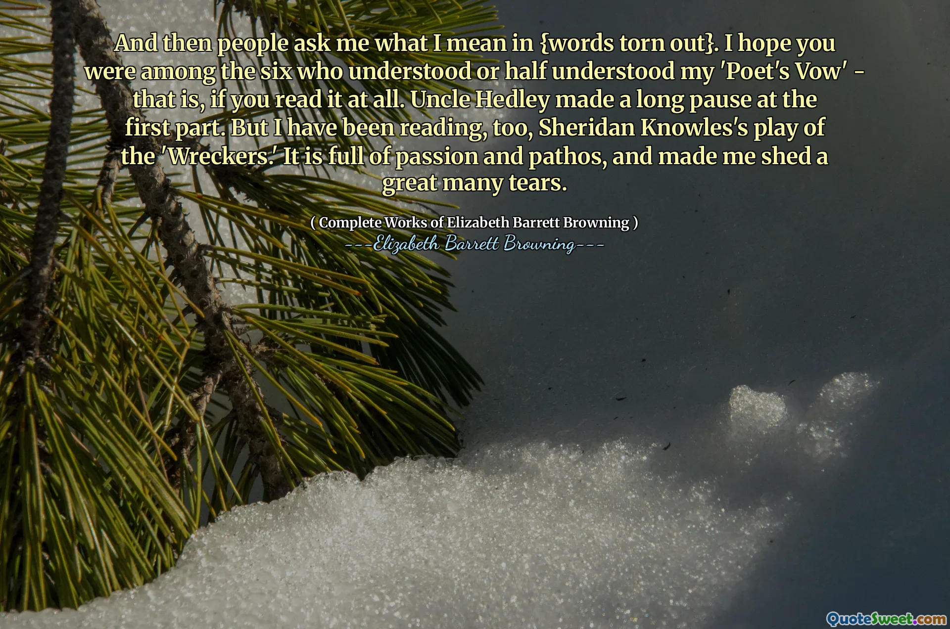 And then people ask me what I mean in {words torn out}. I hope you were among the six who understood or half understood my 'Poet's Vow' - that is, if you read it at all. Uncle Hedley made a long pause at the first part. But I have been reading, too, Sheridan Knowles's play of the 'Wreckers.' It is full of passion and pathos, and made me shed a great many tears.