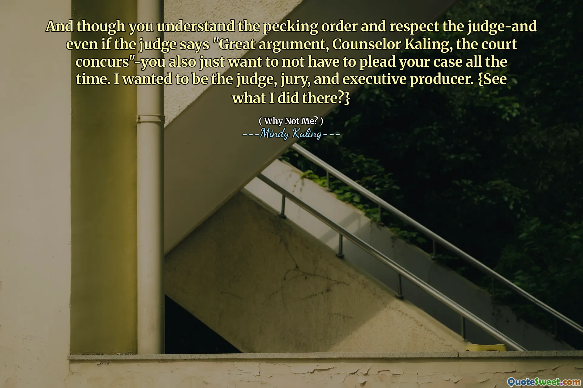 And though you understand the pecking order and respect the judge-and even if the judge says "Great argument, Counselor Kaling, the court concurs"-you also just want to not have to plead your case all the time. I wanted to be the judge, jury, and executive producer. {See what I did there?}