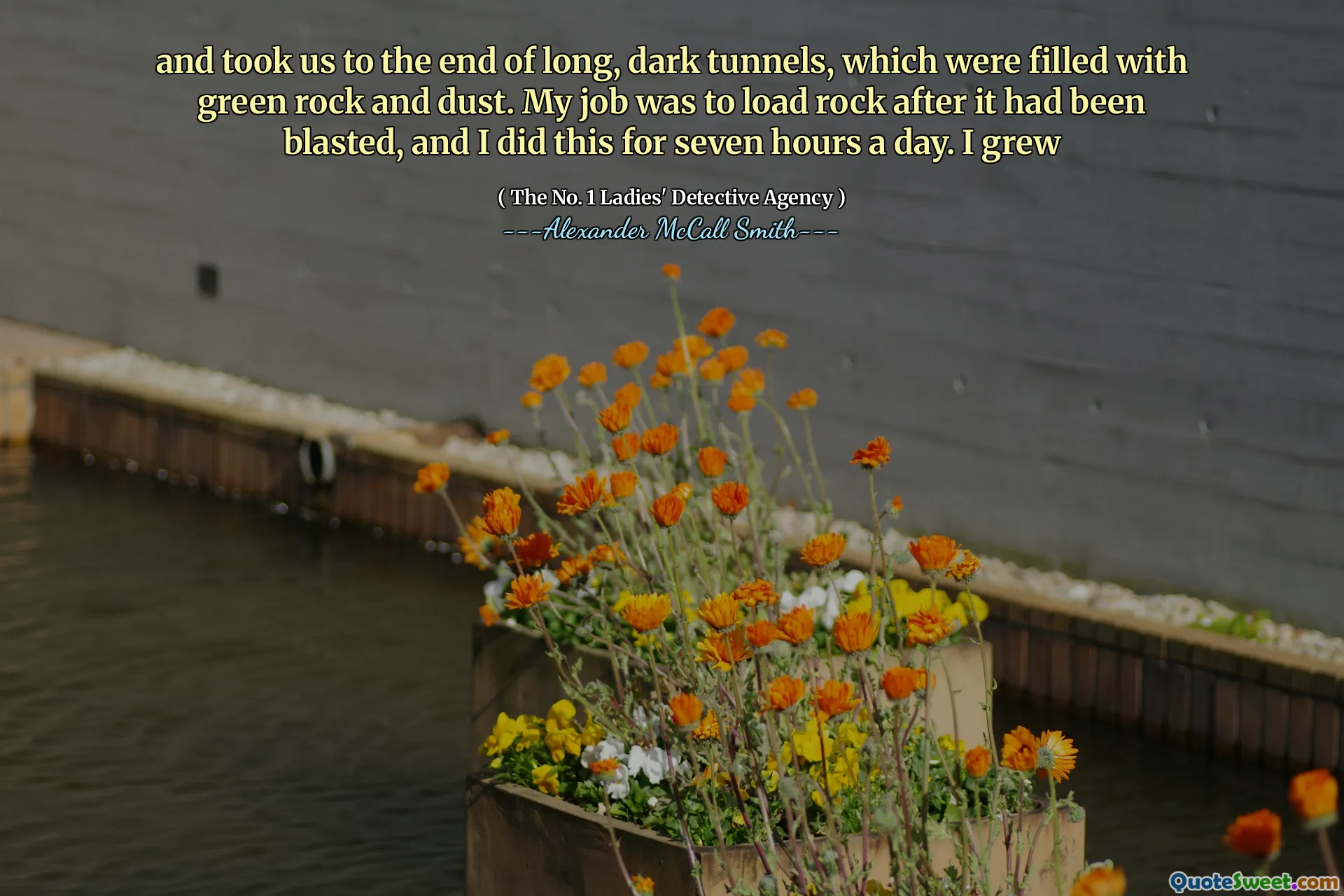 并将我们带到了长长的深色隧道的尽头，里面充满了绿色的岩石和灰尘。我的工作是在爆破后加载岩石，我每天这样做七个小时。我长大了