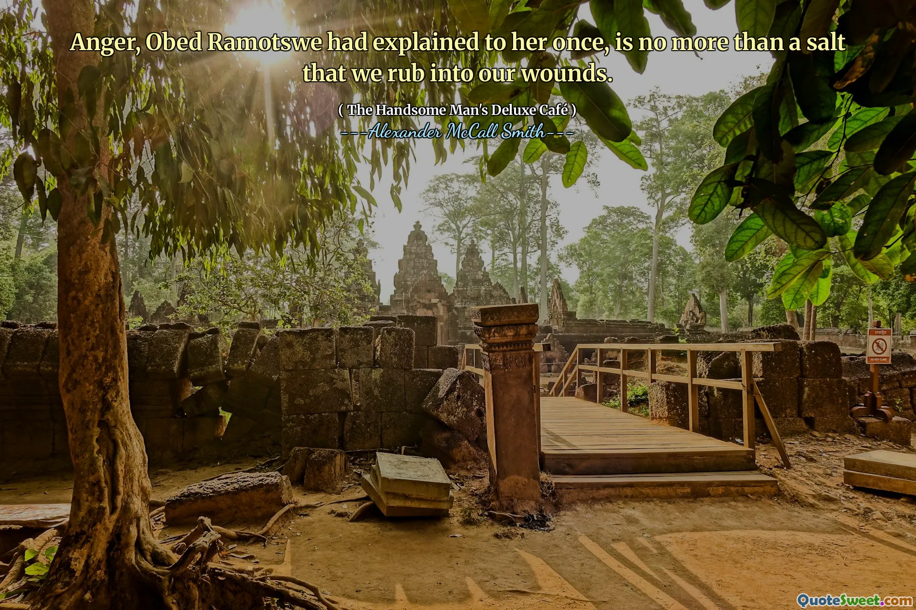 Anger, Obed Ramotswe had explained to her once, is no more than a salt that we rub into our wounds.