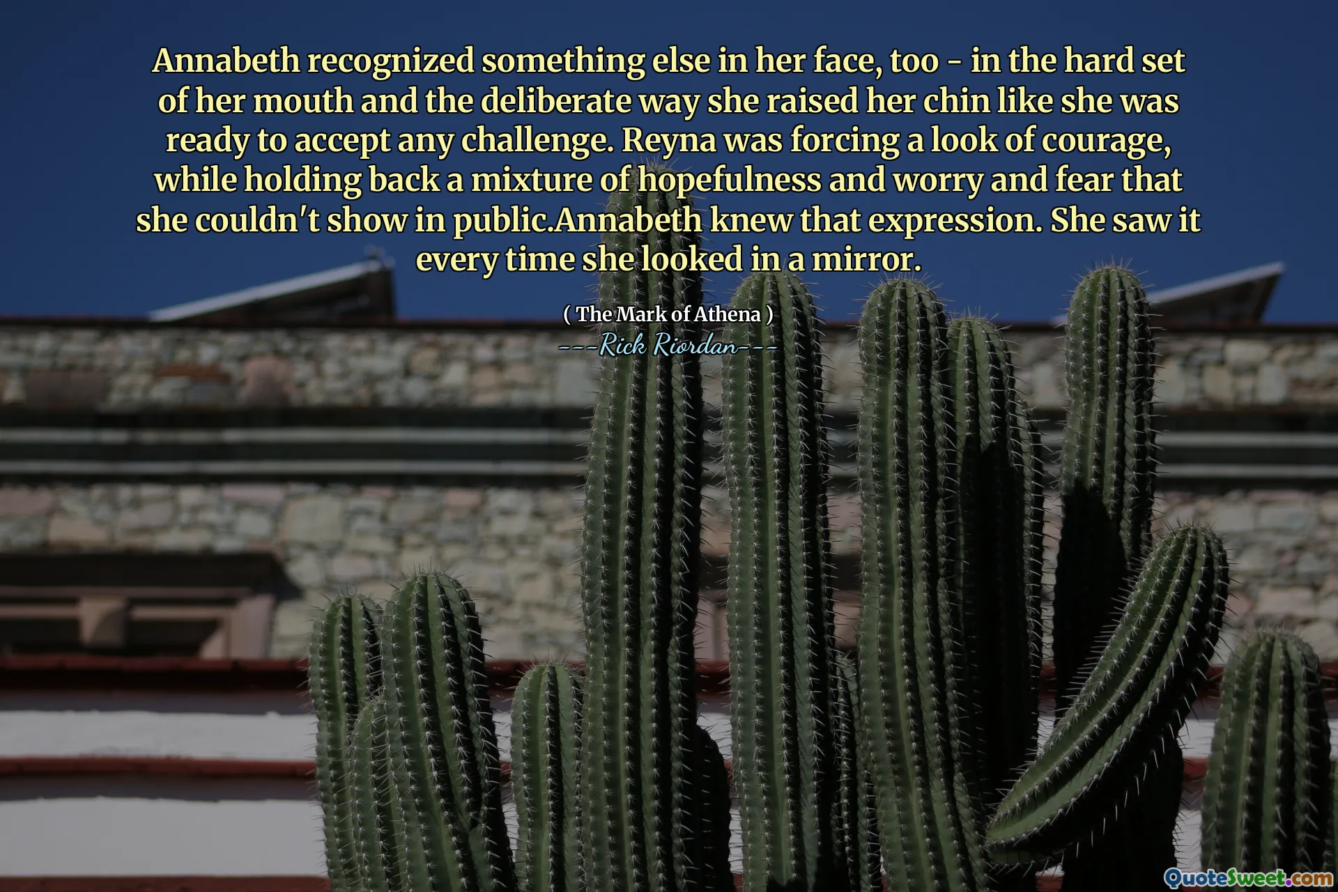 Annabeth recognized something else in her face, too - in the hard set of her mouth and the deliberate way she raised her chin like she was ready to accept any challenge. Reyna was forcing a look of courage, while holding back a mixture of hopefulness and worry and fear that she couldn't show in public.Annabeth knew that expression. She saw it every time she looked in a mirror.
